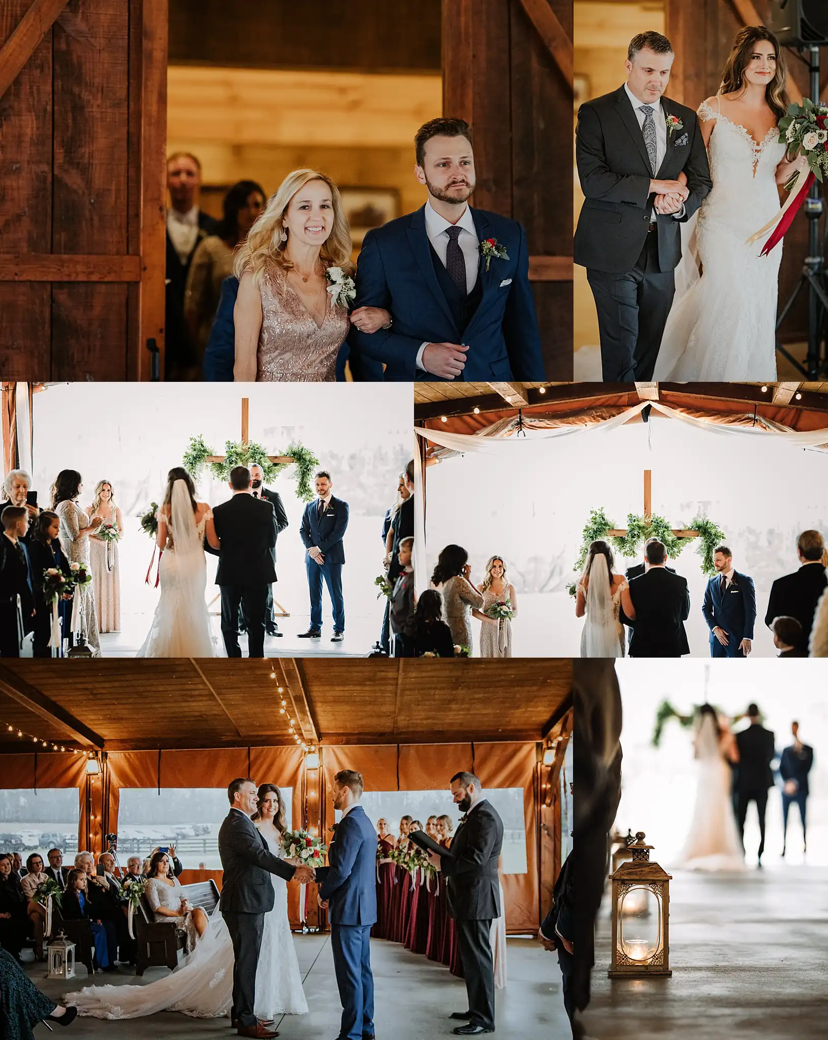 Processional: her father walking her in to the barn, in a set, at their wedding at the Reid Barn in Cumming, GA