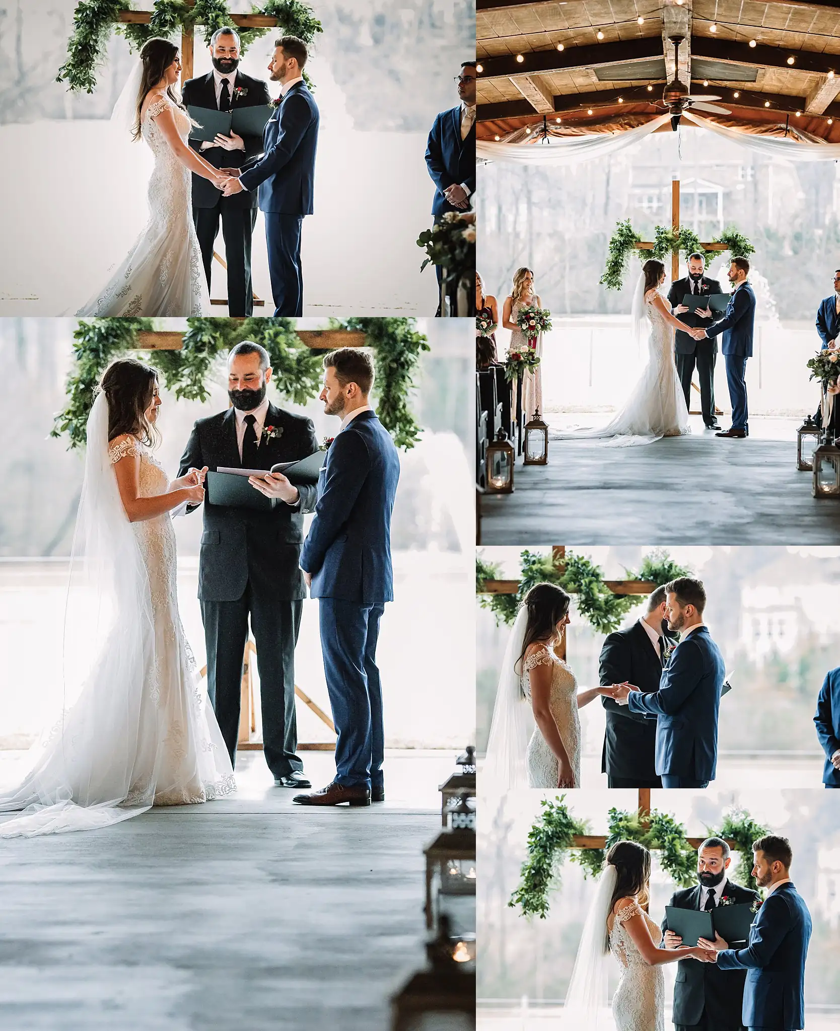 Wedding Ceremony: the vows under the greenery-draped arch, in a set, at their wedding at the Reid Barn in Cumming, GA