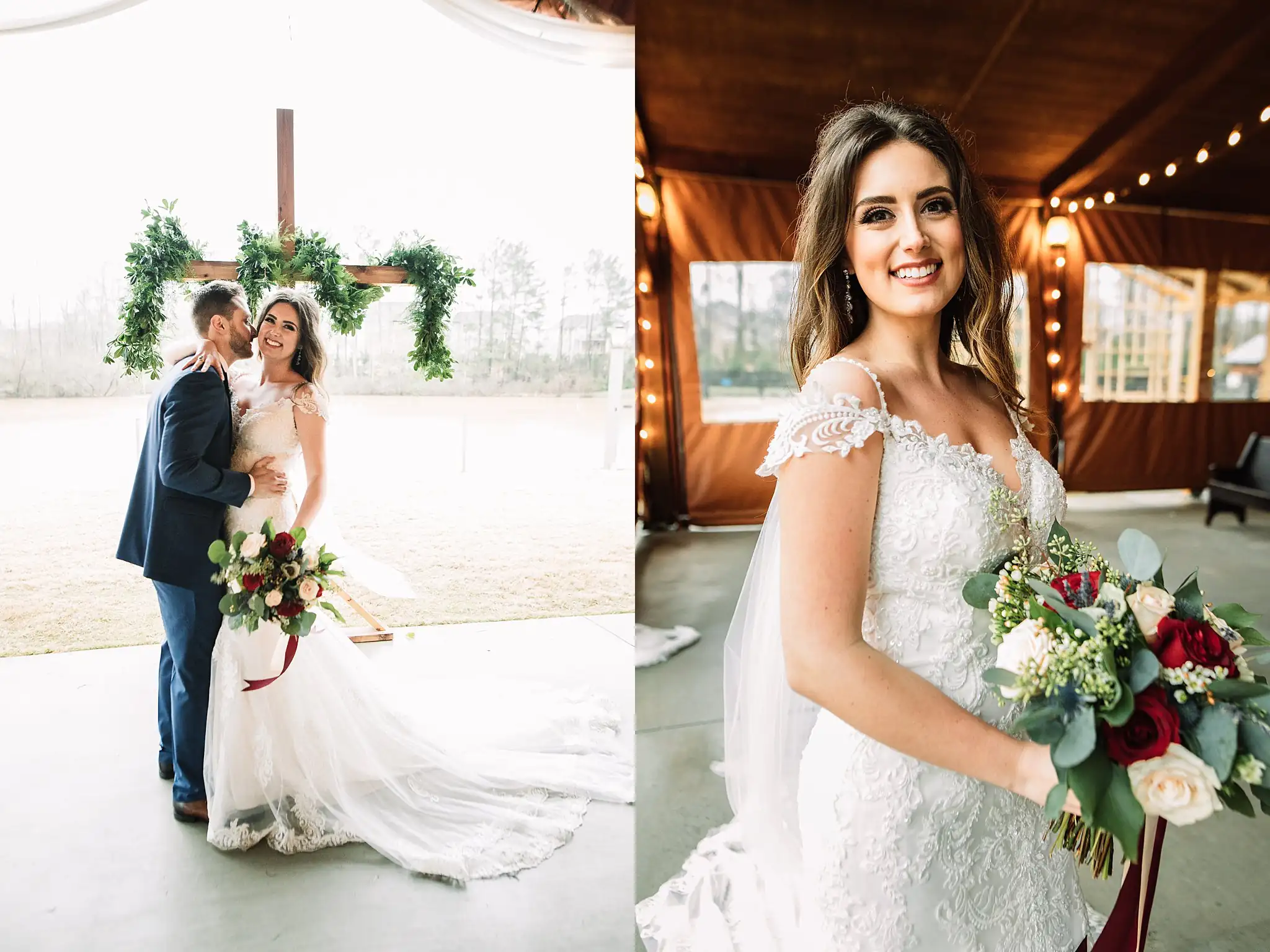 Bridal Portraits: the couple in the barn doorway, and the bride with her bouquet, in a set, at their wedding at the Reid Barn in Cumming, GA