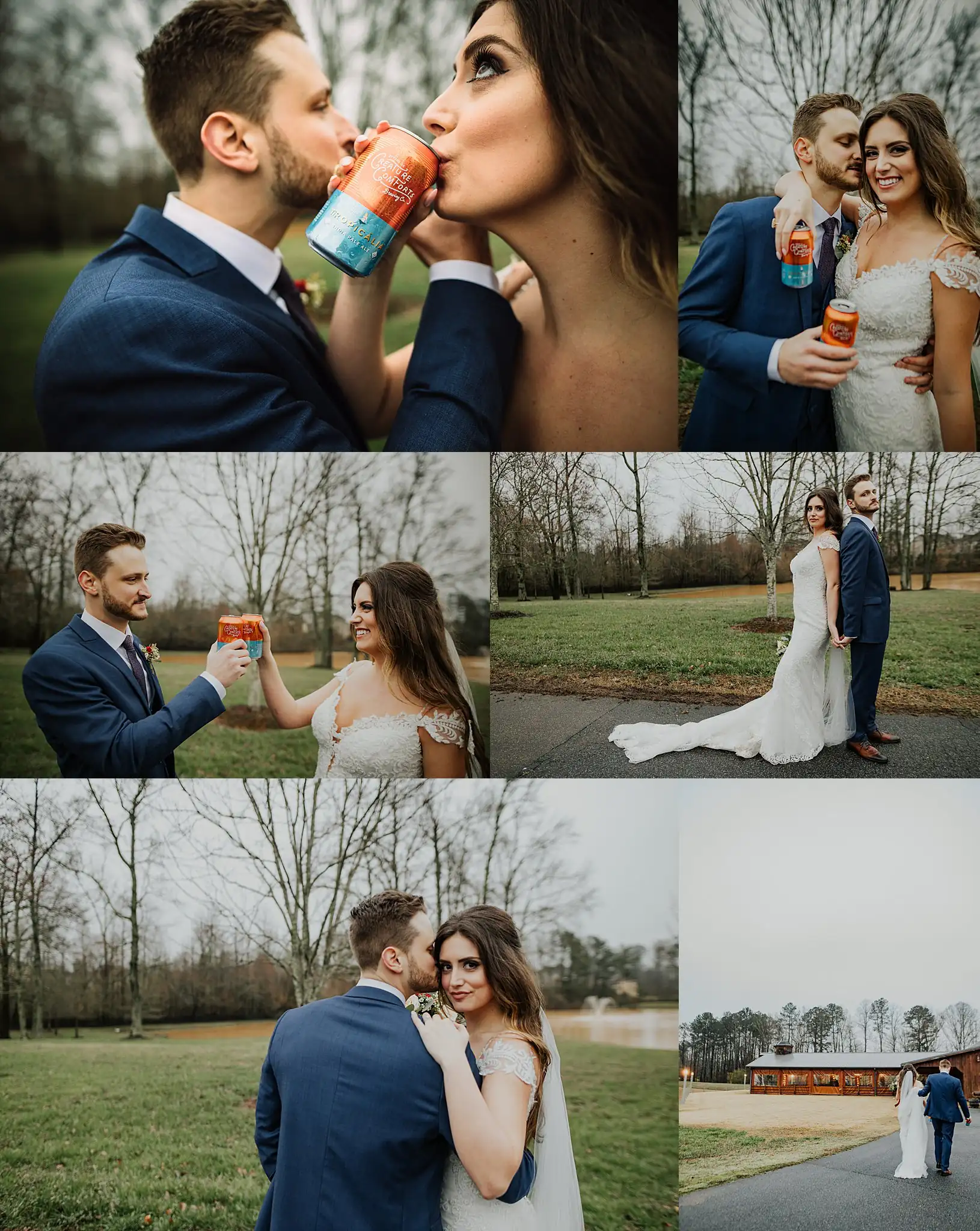 Wedding Formals: the couple sharing a can of beer out on the grass, in a set, at their wedding at the Reid Barn in Cumming, GA
