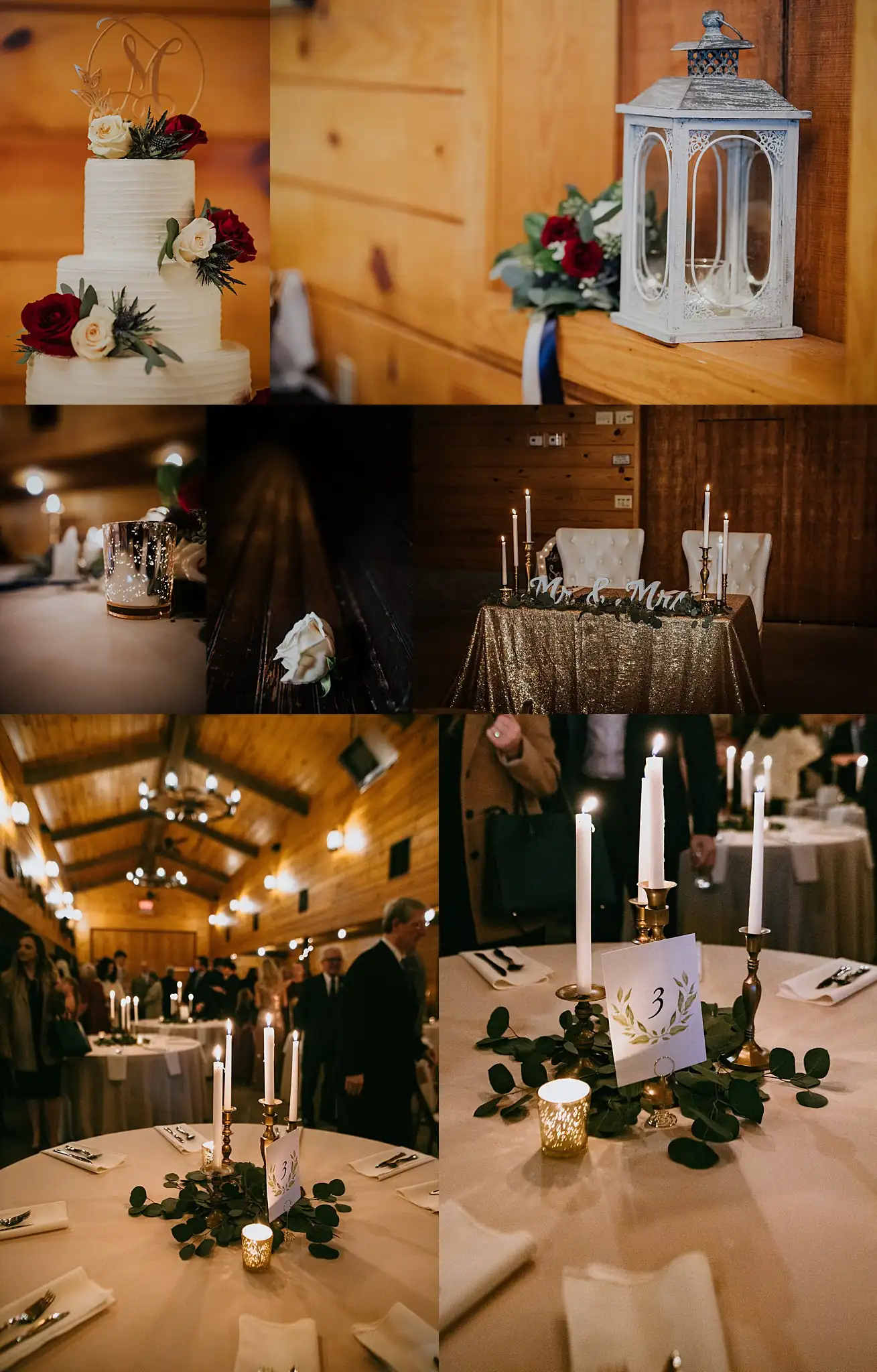 Reception Details: the tables, the candles and the lanterns, in a set, at a wedding at the Reid Barn in Cumming, GA