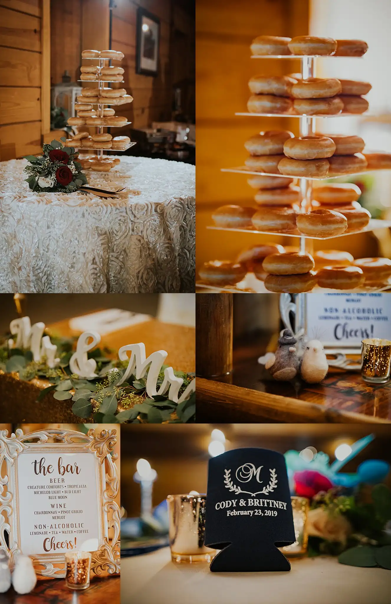 Reception Details: the donut tower and the bar signs, in a set, at a wedding at the Reid Barn in Cumming, GA