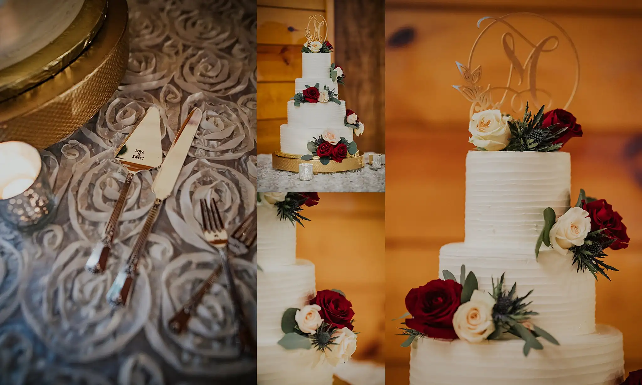 Wedding Cake Details: the cake with red and cream roses, and the gold knife, in a set, at a wedding at the Reid Barn in Cumming, GA