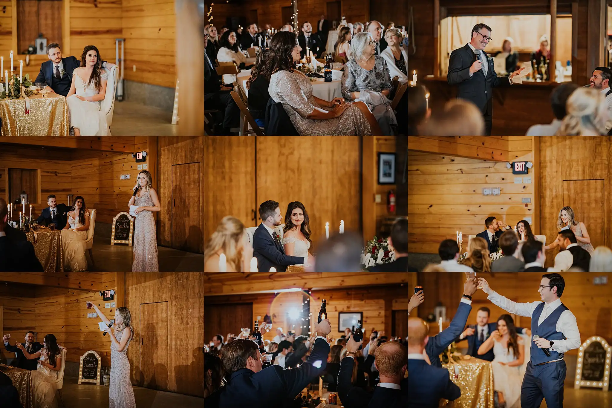 Wedding Reception: the speeches and the tables through the evening, in a set, at their wedding at the Reid Barn in Cumming, GA