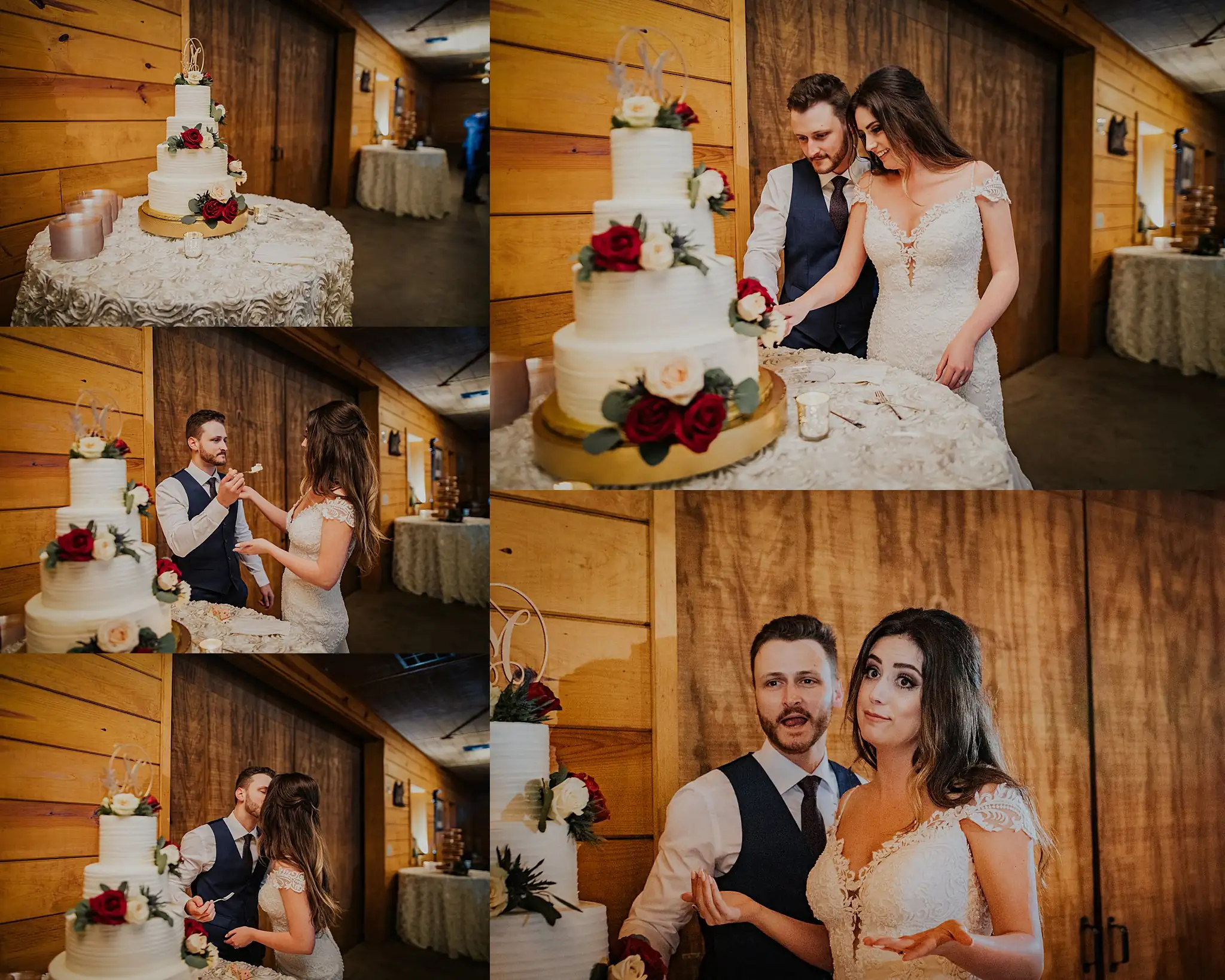 Cake Cutting: the couple cutting the cake together, in a set, at their wedding at the Reid Barn in Cumming, GA