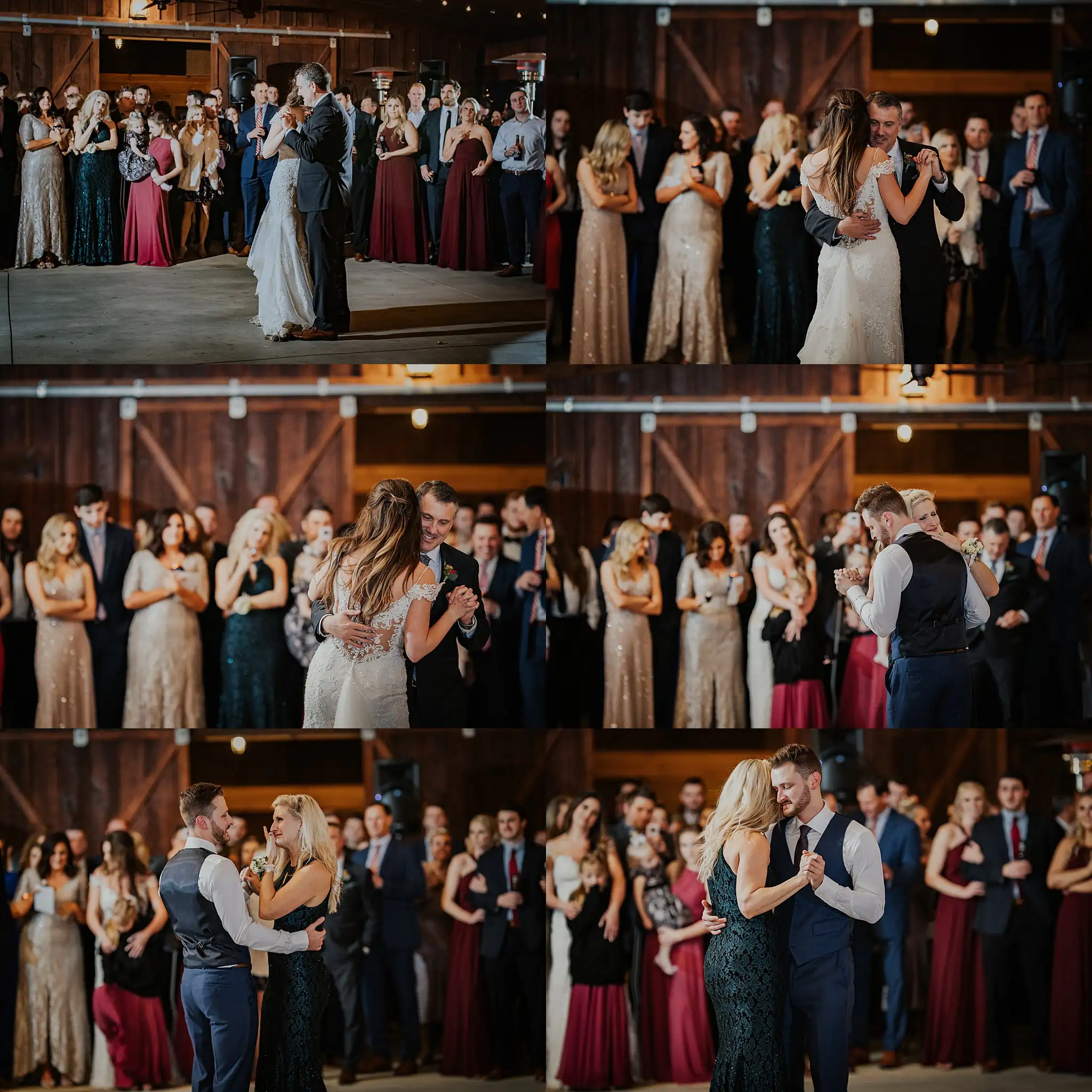 Wedding Reception: guests dancing in pairs on the barn floor, in a set, at their wedding at the Reid Barn in Cumming, GA