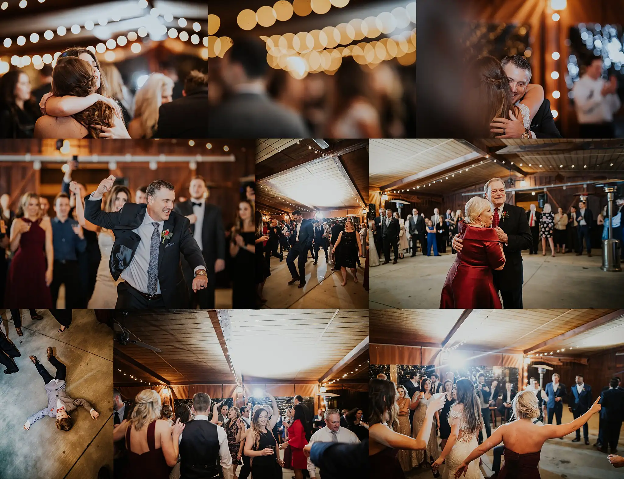 Wedding Reception: the floor filling up under the string lights, in a set, at their wedding at the Reid Barn in Cumming, GA