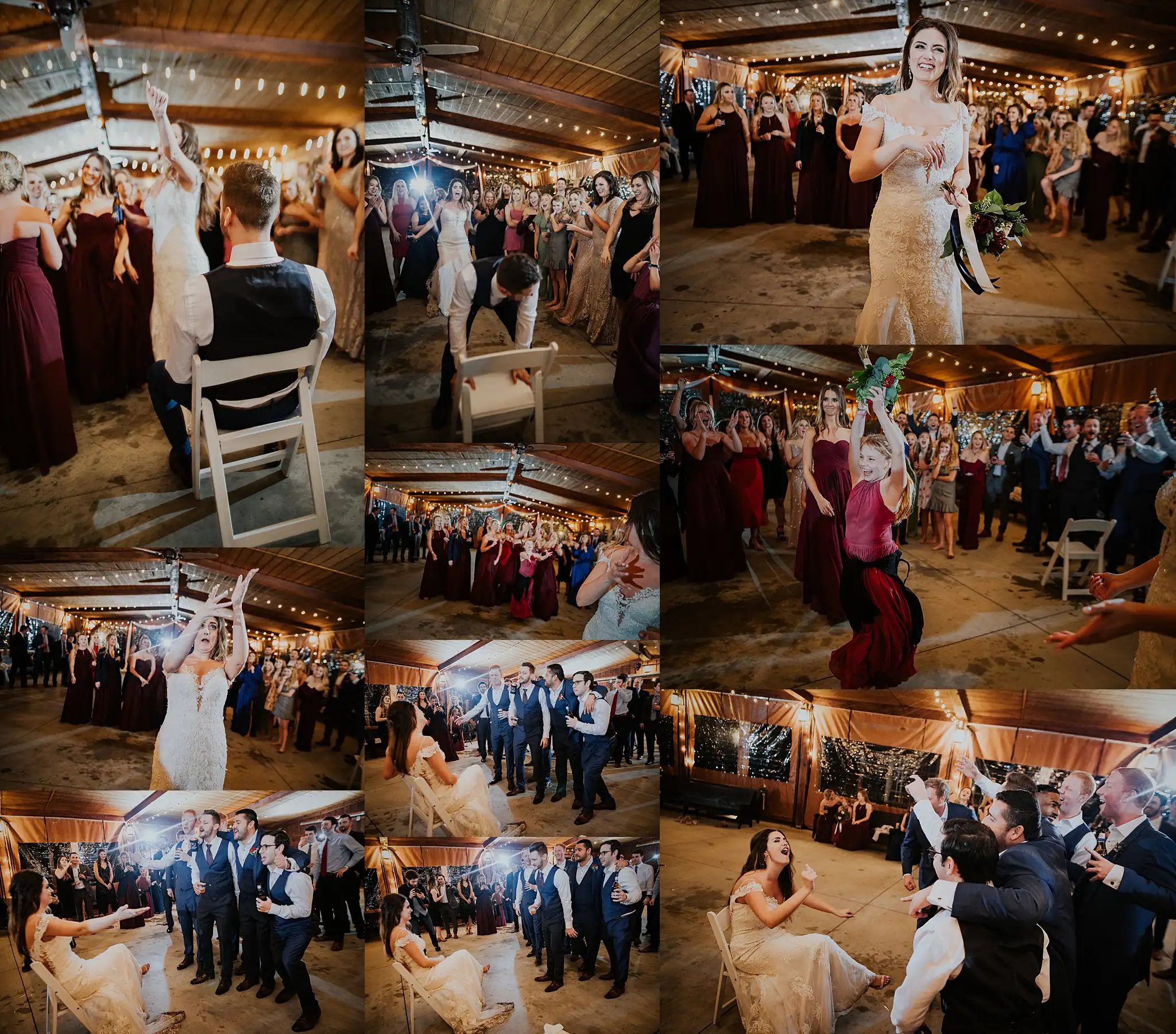 Wedding Reception: a chair carried through the crowd, the party going, in a set, at their wedding at the Reid Barn in Cumming, GA