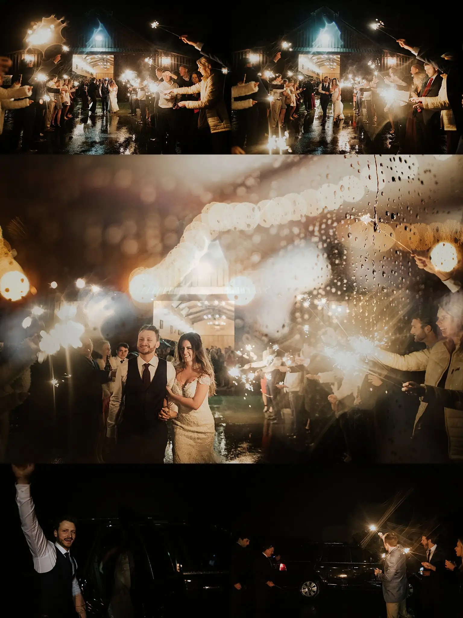 Sparkler Exit: the send-off through the sparklers into the dark, in a set, at their wedding at the Reid Barn in Cumming, GA