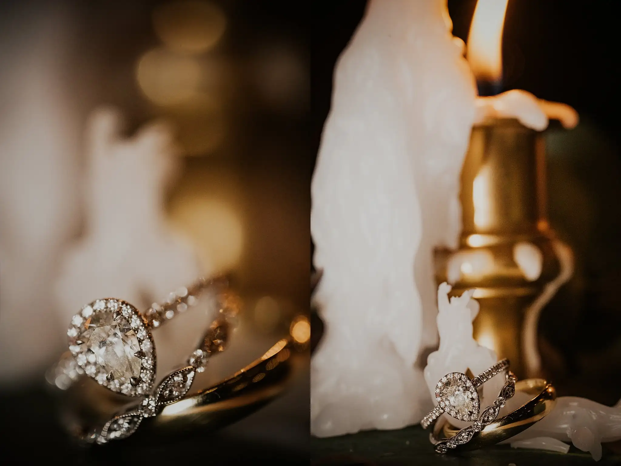 Wedding Details: the rings by candlelight, in a set, at a wedding at the Reid Barn in Cumming, GA
