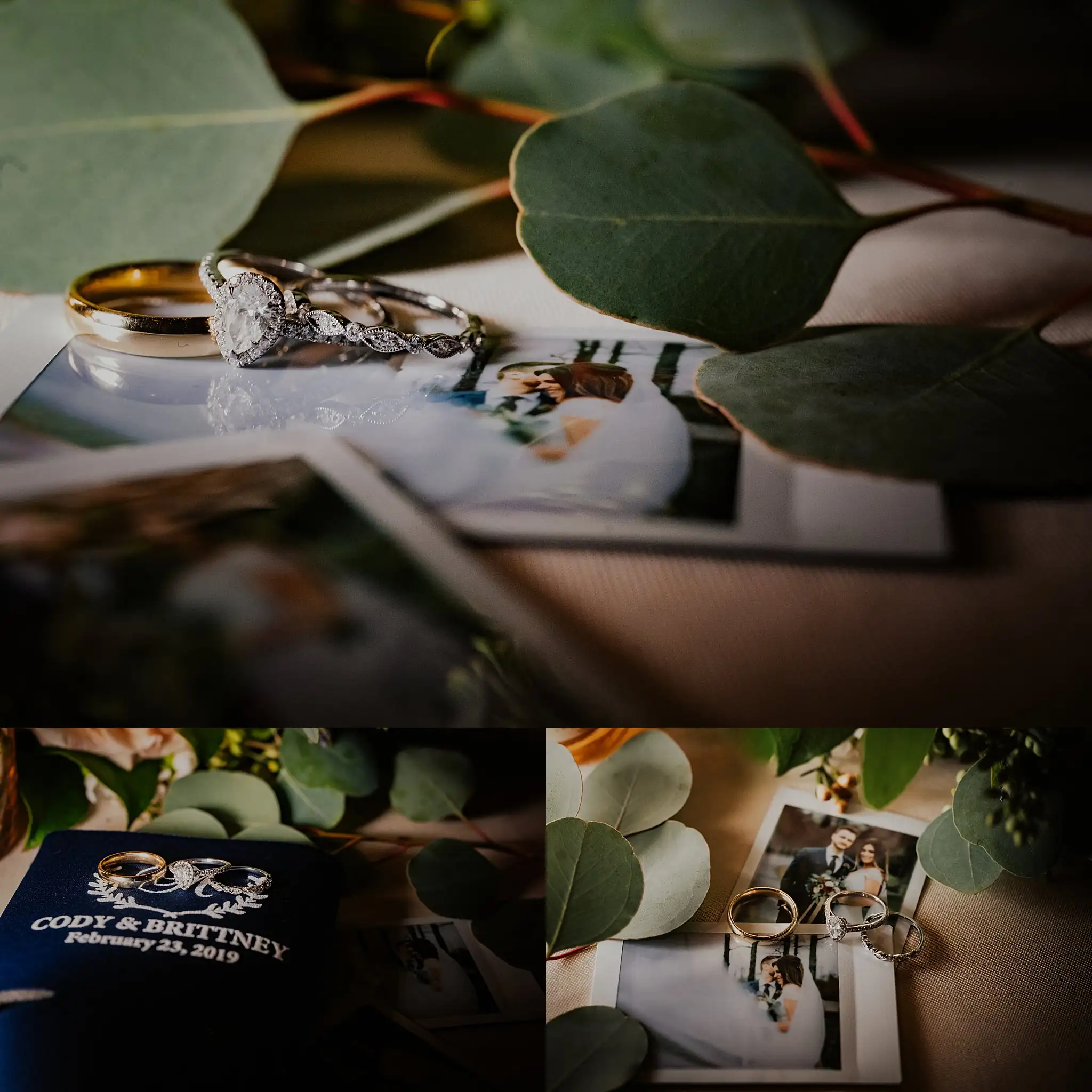 Wedding Details: the rings on eucalyptus beside the invitation, in a set, at a wedding at the Reid Barn in Cumming, GA