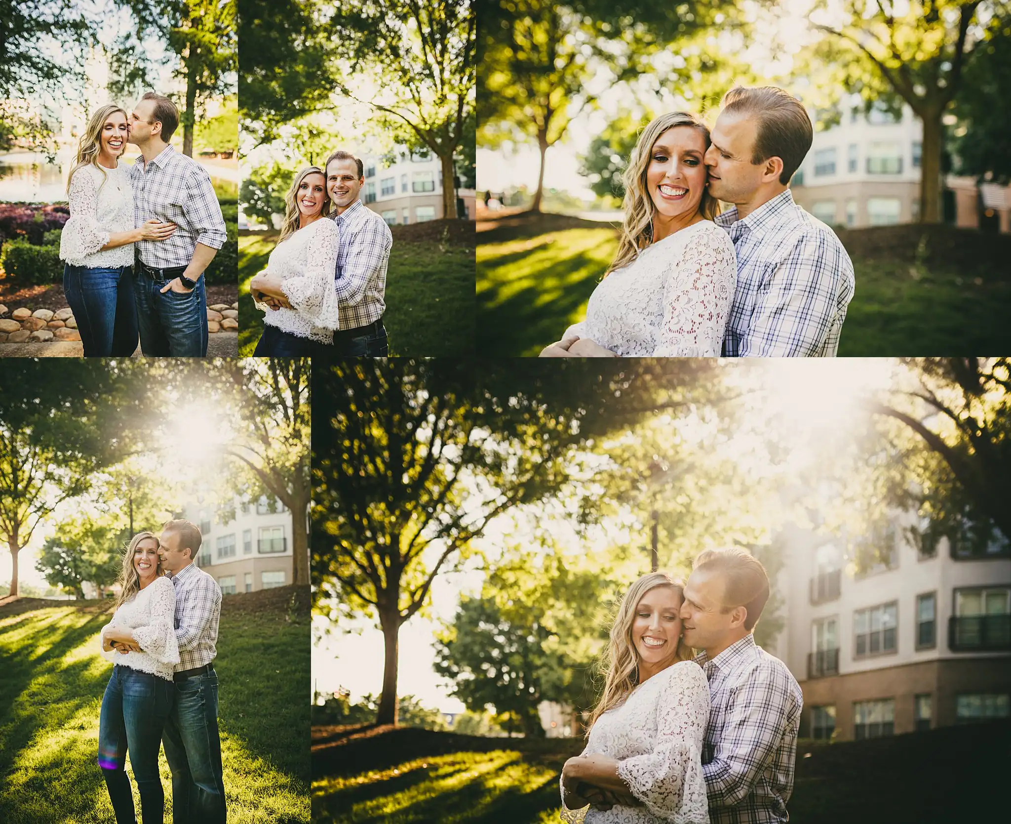 AtlantaWeddingPhotographers_0344.jpg Engagement Portraits: the couple close together under the park trees, in a set, during their engagement session in Midtown Atlanta, GA