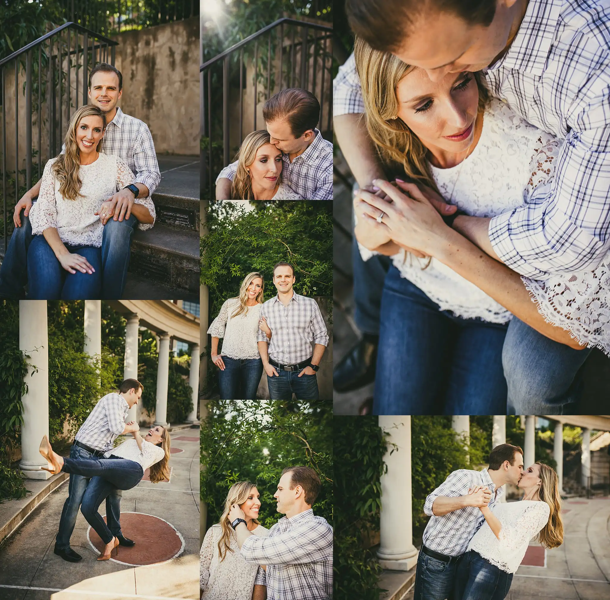 AtlantaWeddingPhotographers_0346.jpg Engagement Portraits: her sitting on the wall with him leaning in, in a set, during their engagement session in Midtown Atlanta, GA