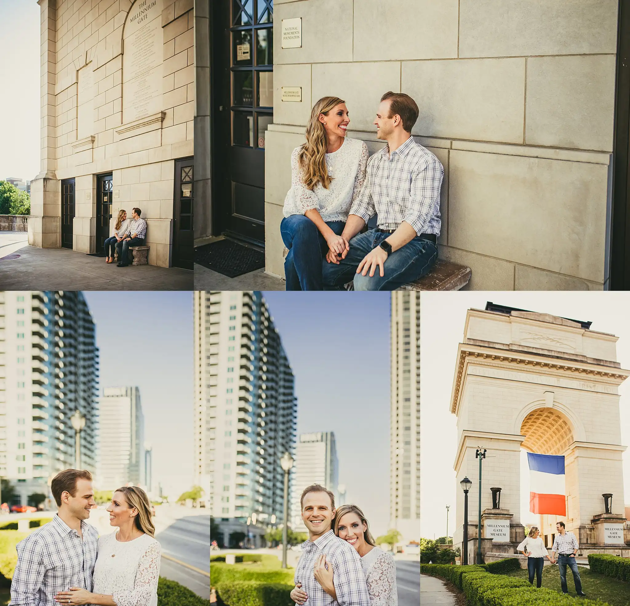 AtlantaWeddingPhotographers_0347.jpg Engagement Portraits: the couple by the stone arch and the city towers, in a set, during their engagement session in Midtown Atlanta, GA