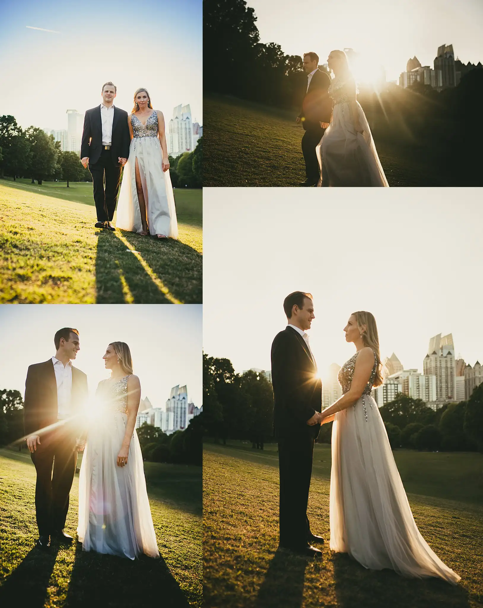 AtlantaWeddingPhotographers_0348.jpg Engagement Portraits: the two of them backlit on the park lawn, in a set, during their engagement session in Midtown Atlanta, GA