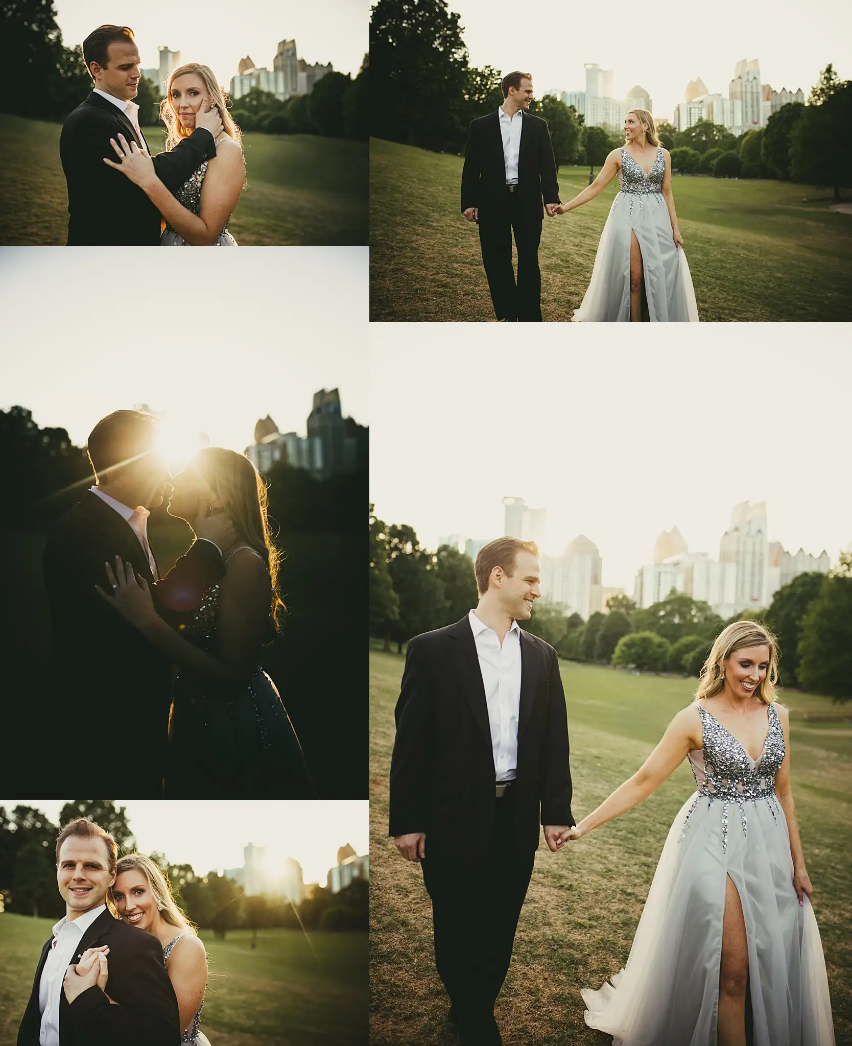 AtlantaWeddingPhotographers_0349.jpg Engagement Portraits: her gown catching the low sun on the grass, in a set, during their engagement session in Midtown Atlanta, GA