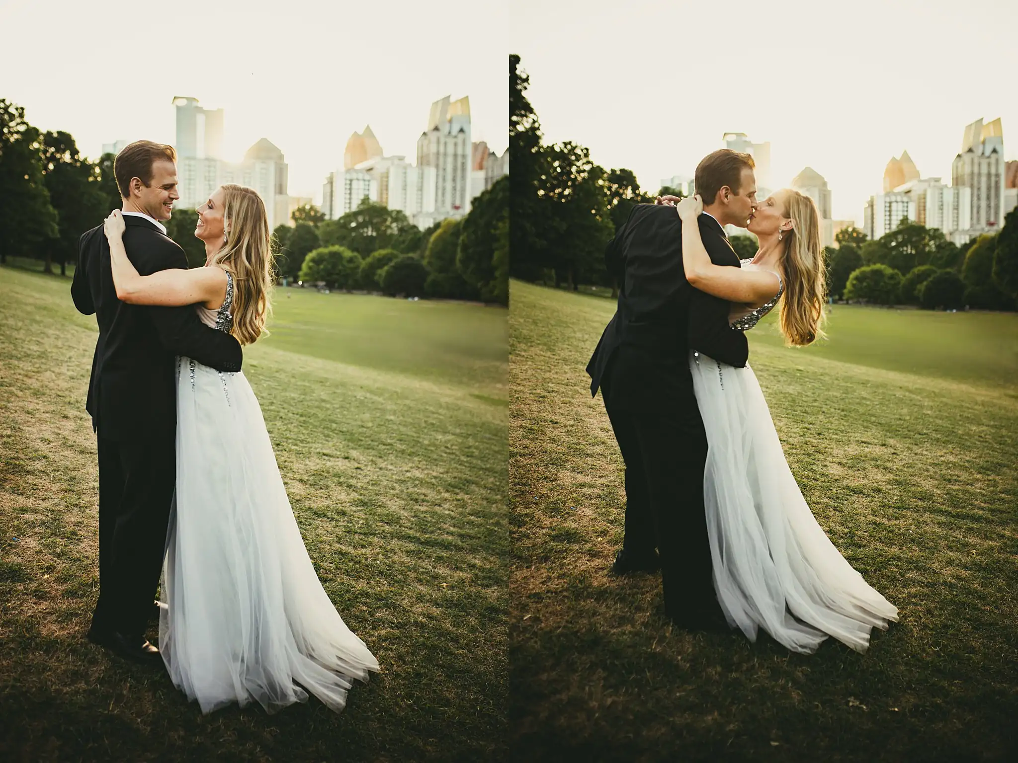 AtlantaWeddingPhotographers_0350.jpg Engagement Portraits: the couple dancing on the lawn with the skyline behind, in a set, during their engagement session in Midtown Atlanta, GA