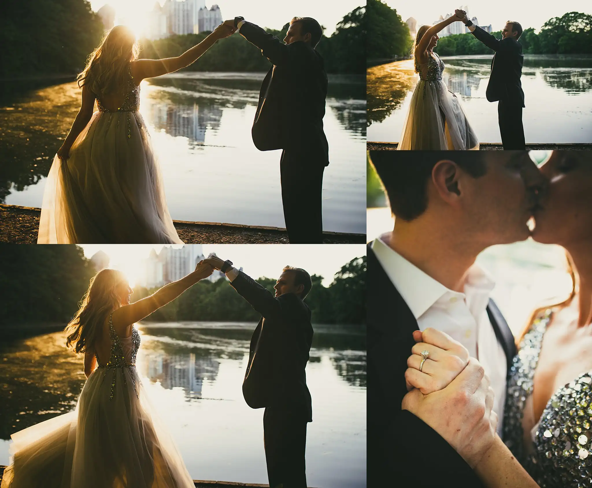 AtlantaWeddingPhotographers_0351.jpg Engagement Portraits: him turning her under his arm by the lake, in a set, during their engagement session in Midtown Atlanta, GA
