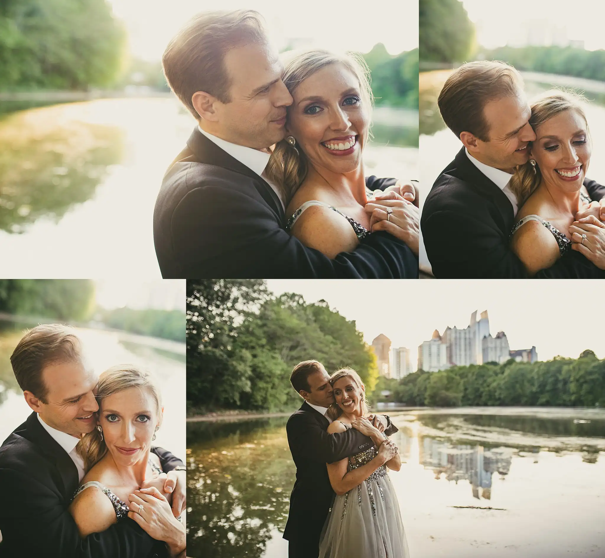 AtlantaWeddingPhotographers_0352.jpg Engagement Portraits: the two of them laughing at the water, in a set, during their engagement session in Midtown Atlanta, GA