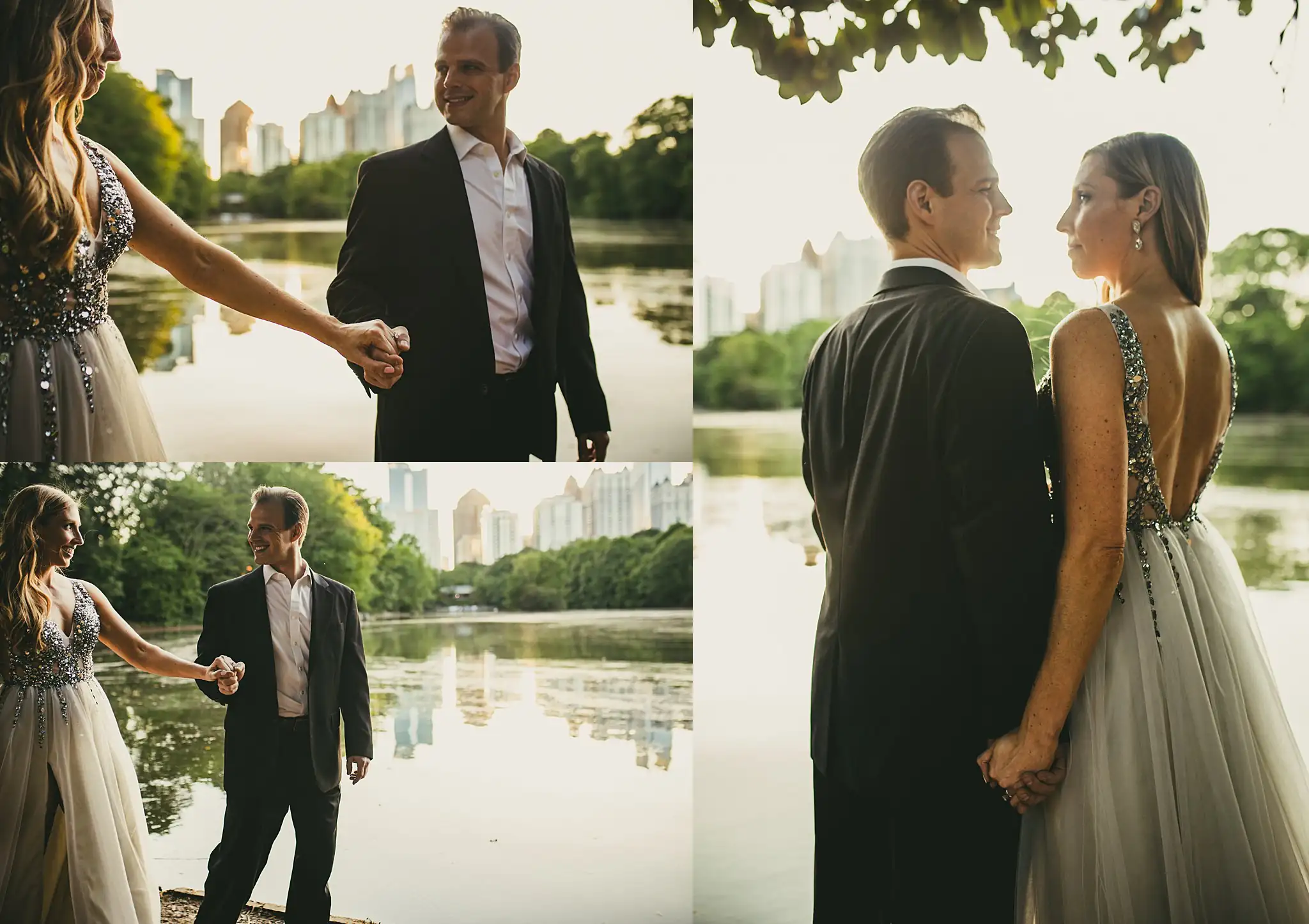 AtlantaWeddingPhotographers_0353.jpg Engagement Portraits: the couple at the lake edge, the towers reflected, in a set, during their engagement session in Midtown Atlanta, GA