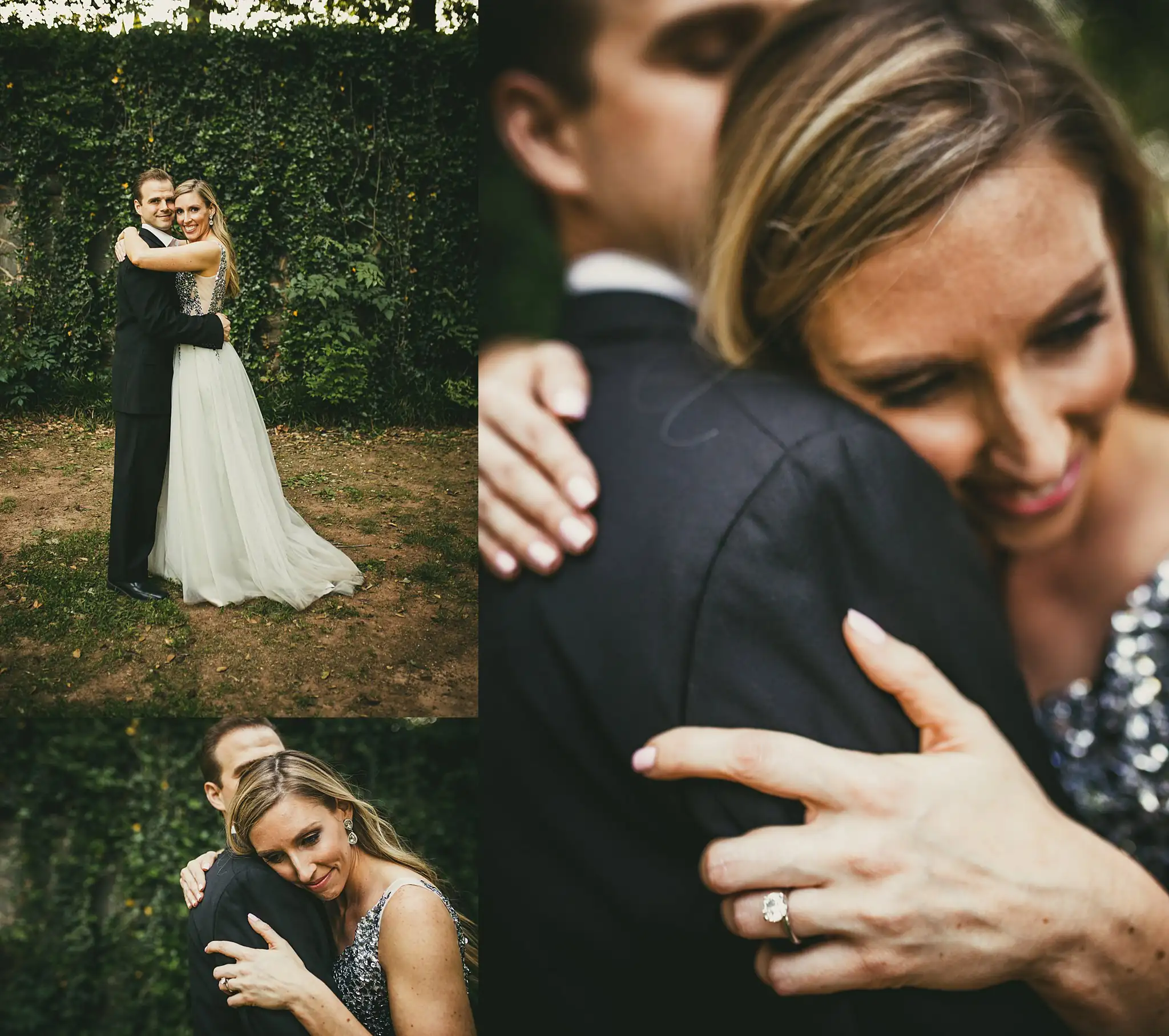 AtlantaWeddingPhotographers_0355.jpg Engagement Portraits: her hand and ring on his shoulder in the ivy, in a set, during their engagement session in Midtown Atlanta, GA