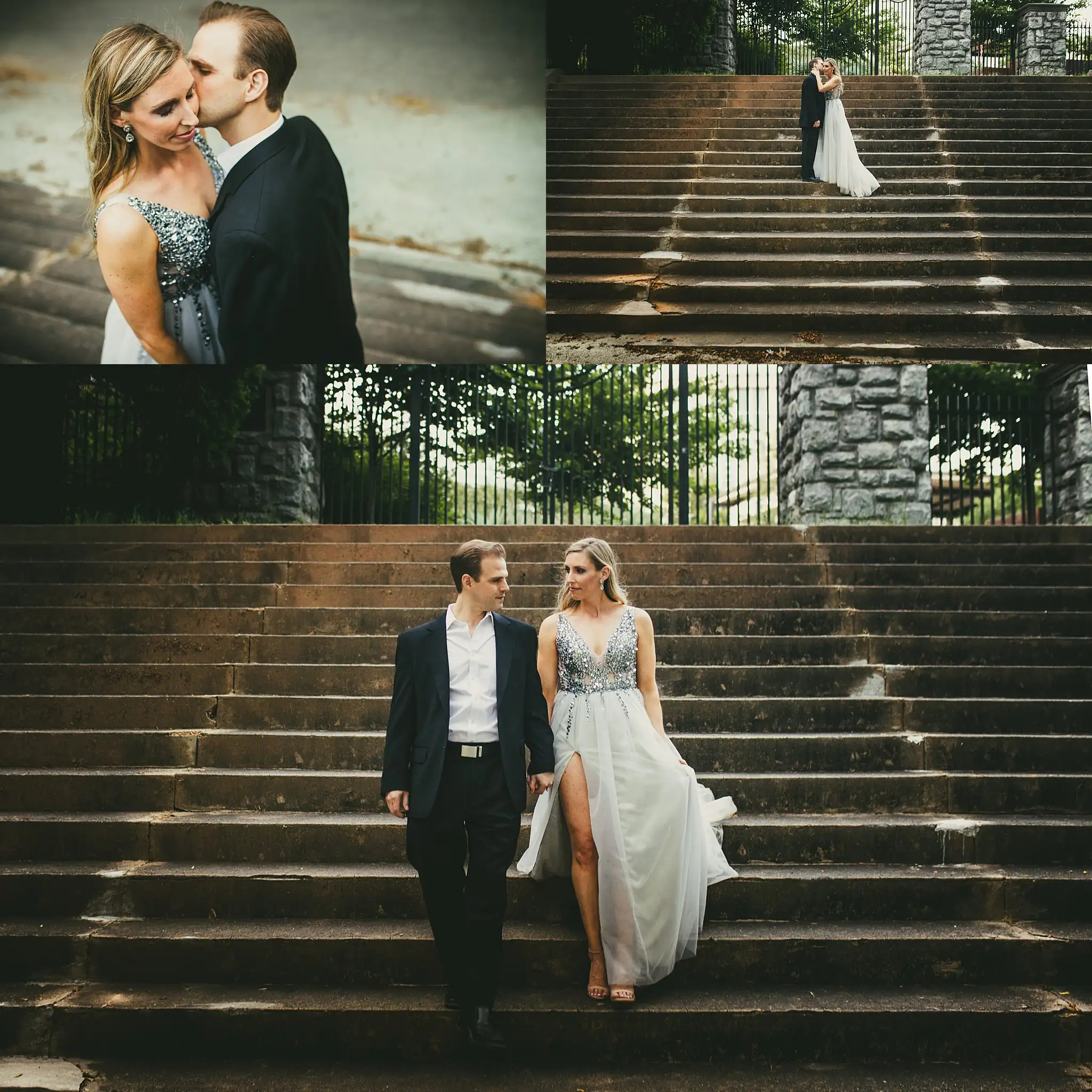 AtlantaWeddingPhotographers_0358.jpg Engagement Portraits: the couple walking down the long stone steps, in a set, during their engagement session in Midtown Atlanta, GA