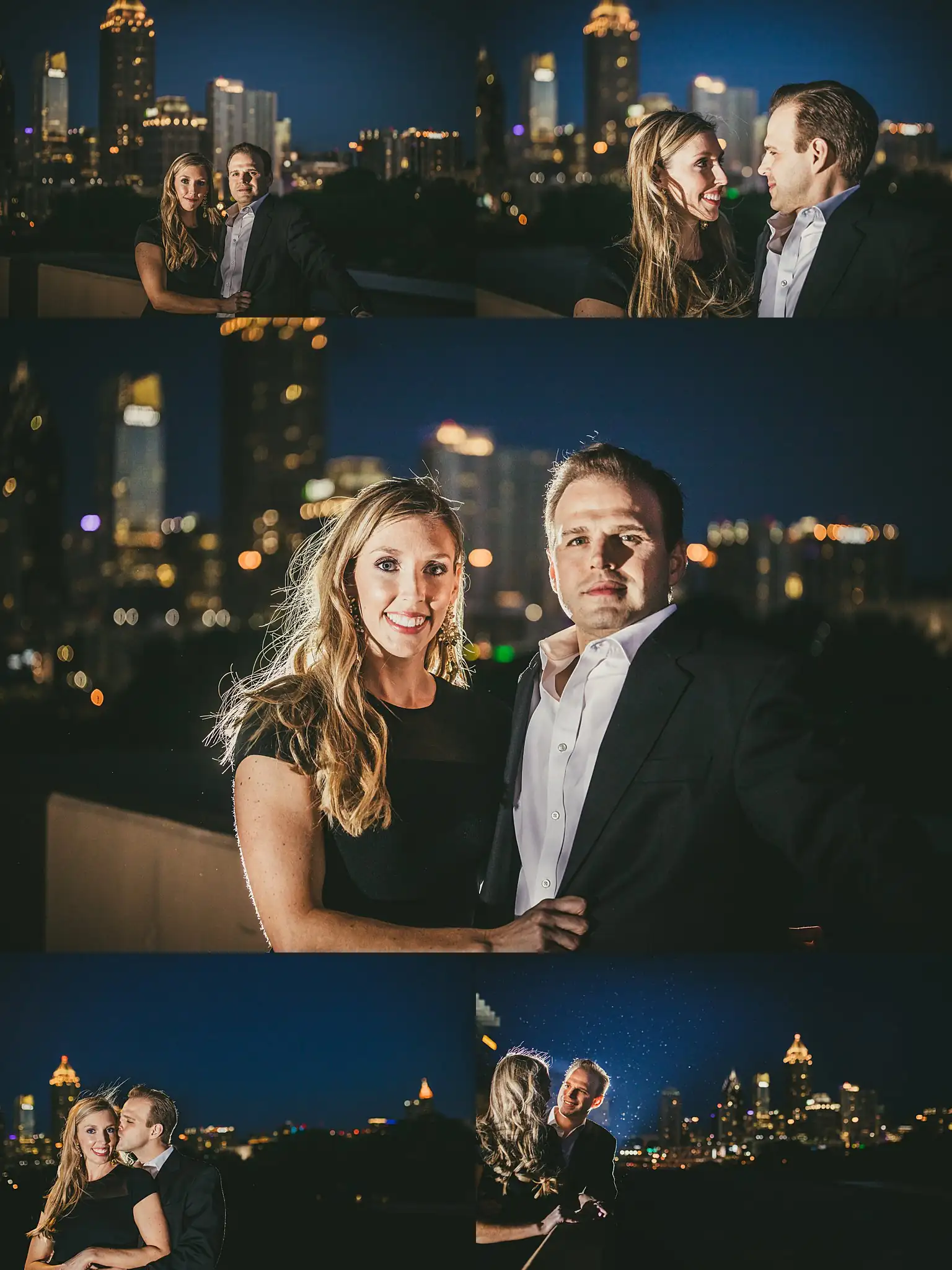 AtlantaWeddingPhotographers_0359.jpg Engagement Portraits: the two of them against the lit city at night, in a set, during their engagement session in Midtown Atlanta, GA