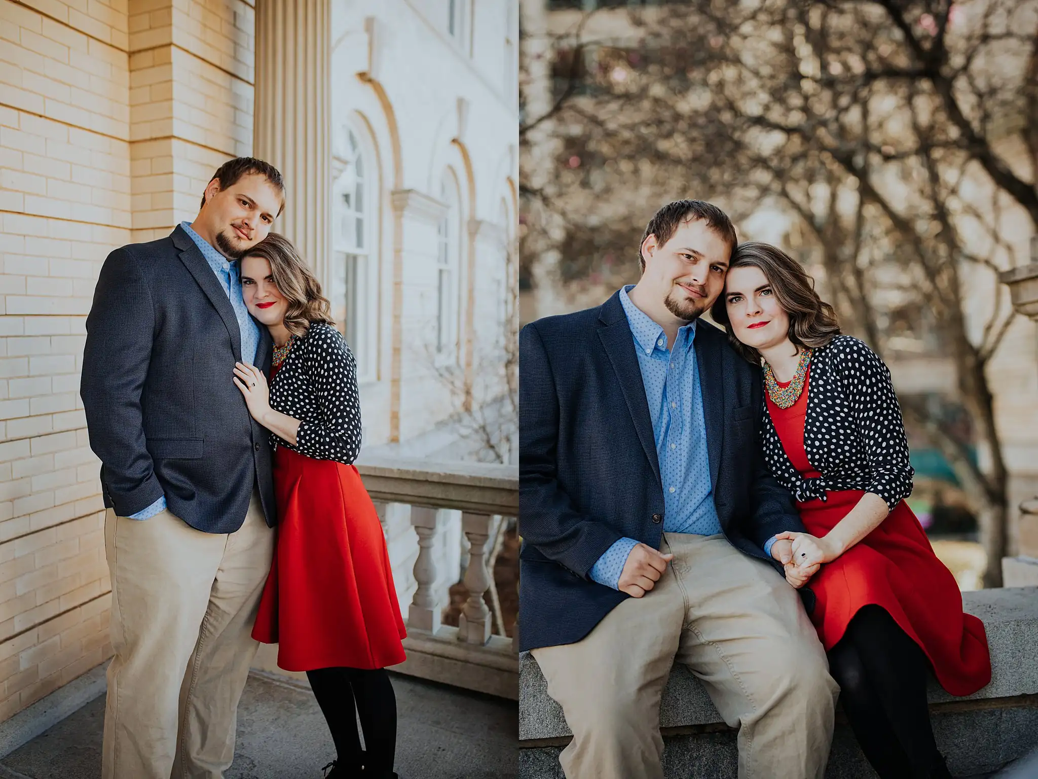 AtlantaWeddingPhotographers_0372.jpg Engagement Portraits: the couple against the stone balustrade, in a set, during their engagement session in downtown Athens, GA