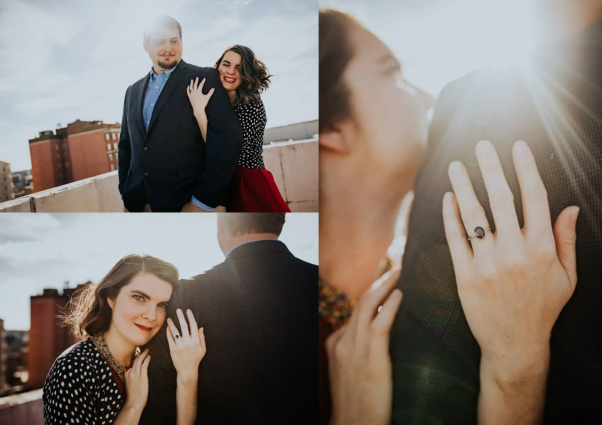 AtlantaWeddingPhotographers_0373.jpg Engagement Portraits: her ring hand up to the light, in a set, during their engagement session in downtown Athens, GA