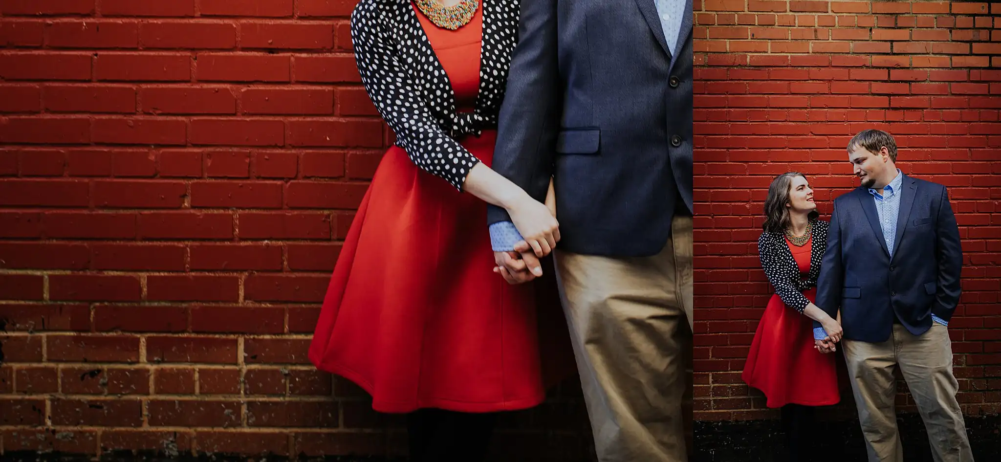 AtlantaWeddingPhotographers_0380.jpg Engagement Portraits: the two of them against the red brick wall, in a set, during their engagement session in downtown Athens, GA