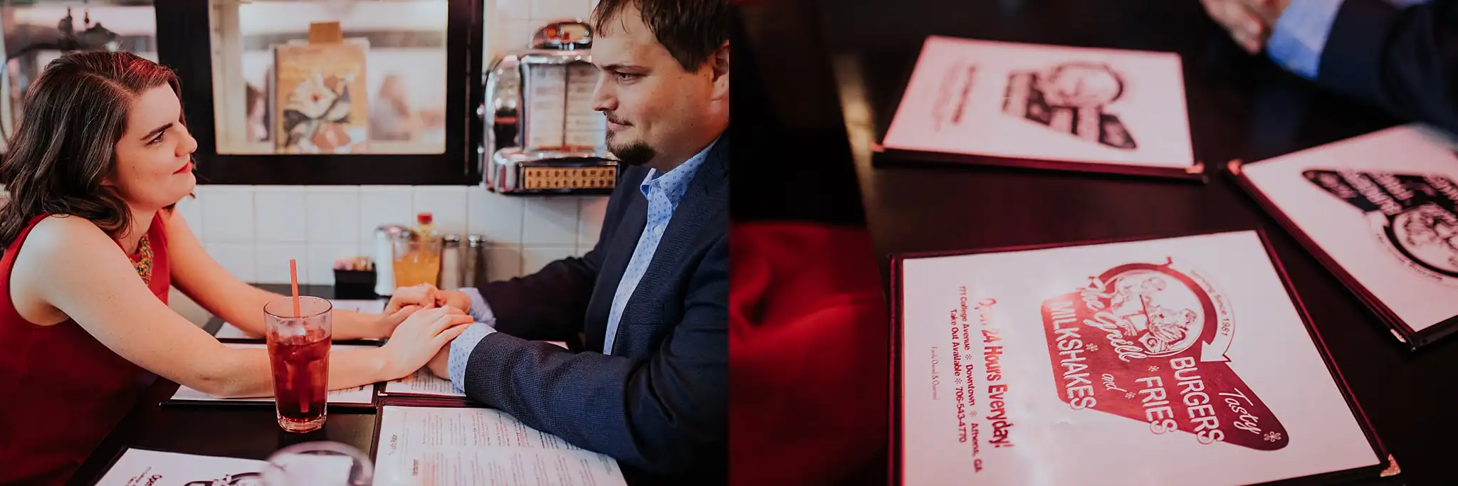 Engagement Portraits: the couple in the booth over their drinks, in a set, during their engagement session in downtown Athens, GA