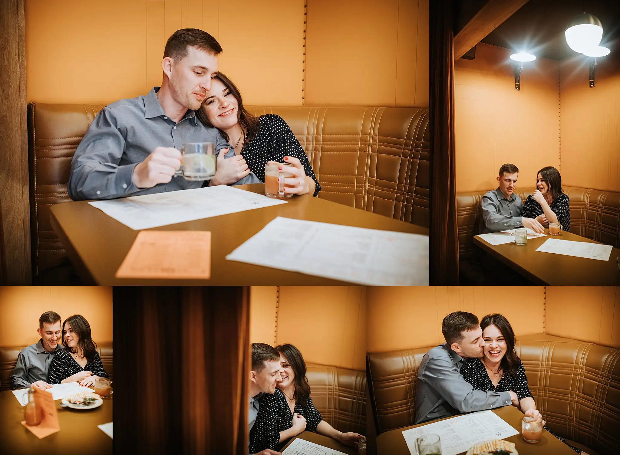 Engagement Portraits: the two of them in the booth with their drinks, in a set, during their engagement session at Beetle Cat in Atlanta, GA