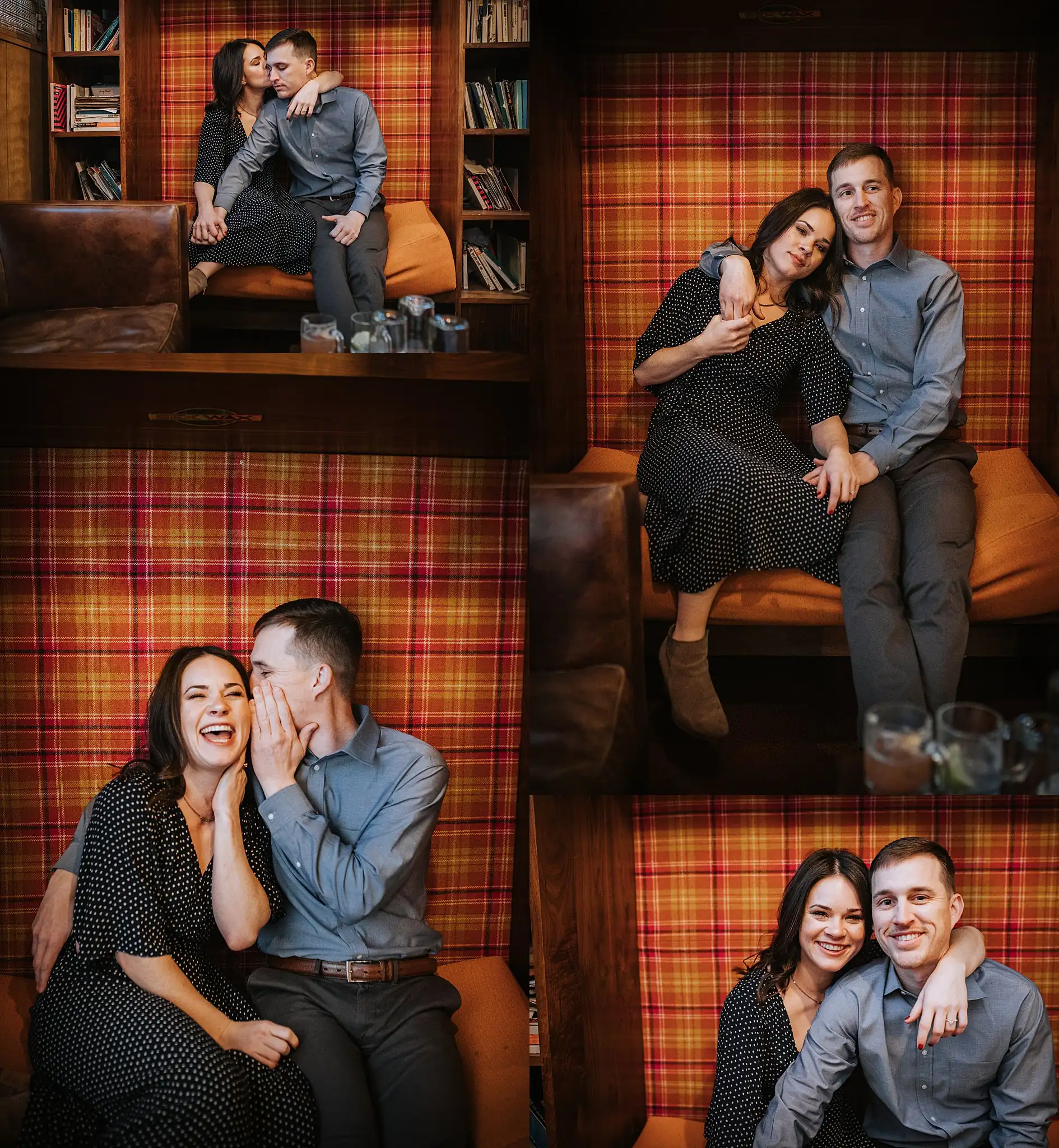 Engagement Portraits: the couple on the tartan banquette, in a set, during their engagement session at Beetle Cat in Atlanta, GA