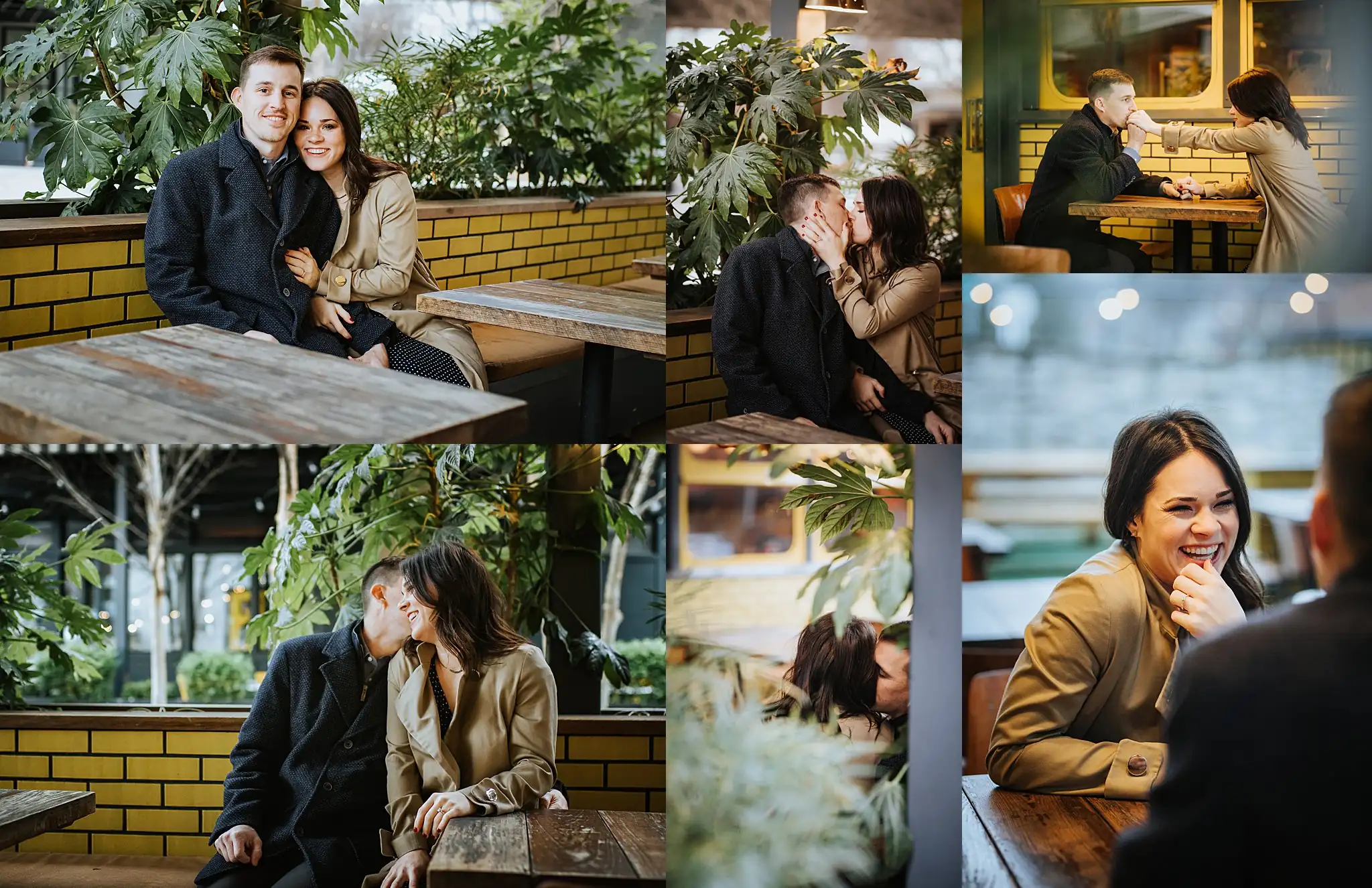 Engagement Portraits: the two of them on the covered patio, in a set, during their engagement session at Beetle Cat in Atlanta, GA