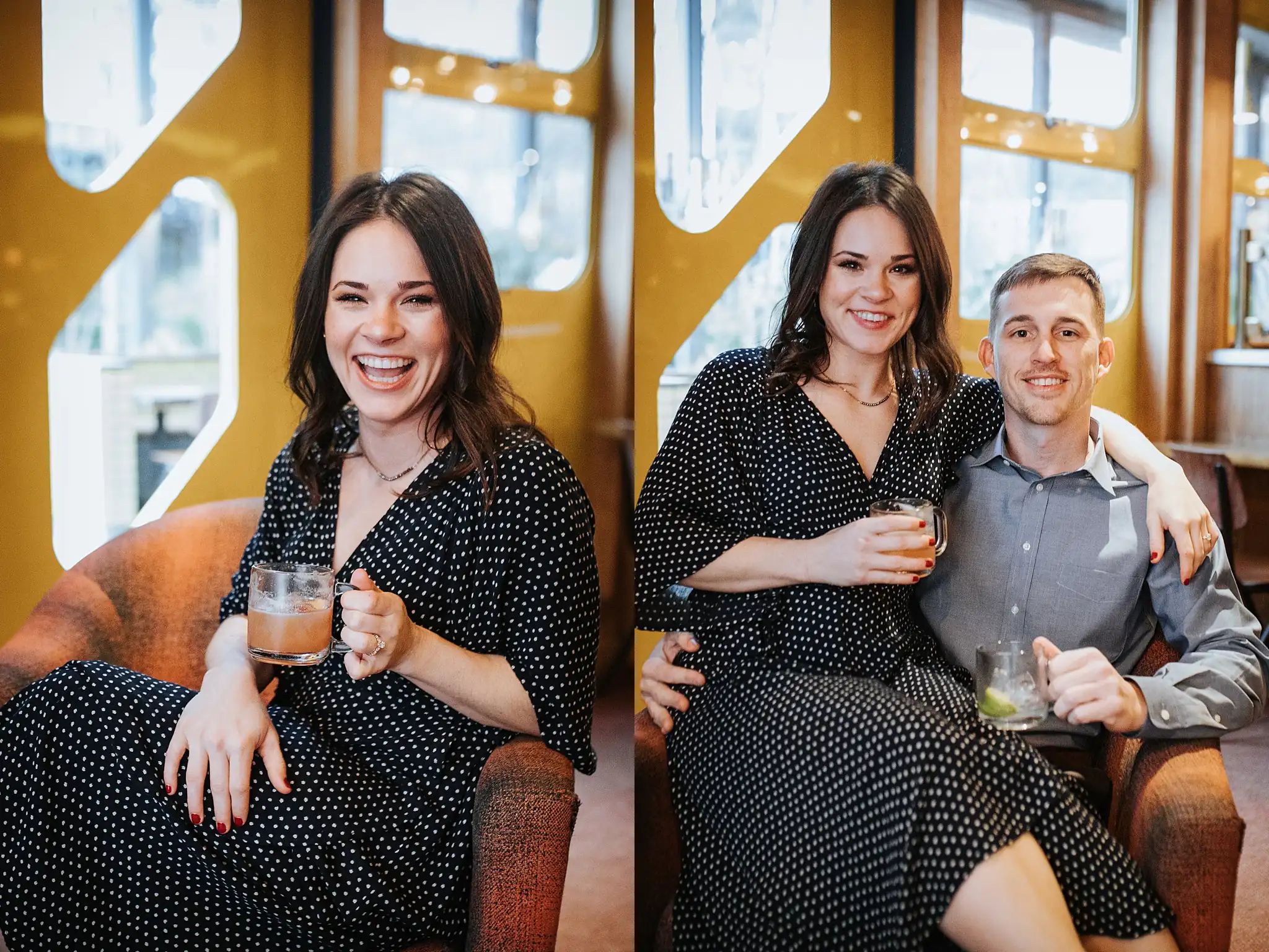 Engagement Portraits: her laughing with her glass in the armchair, in a set, during their engagement session at Beetle Cat in Atlanta, GA