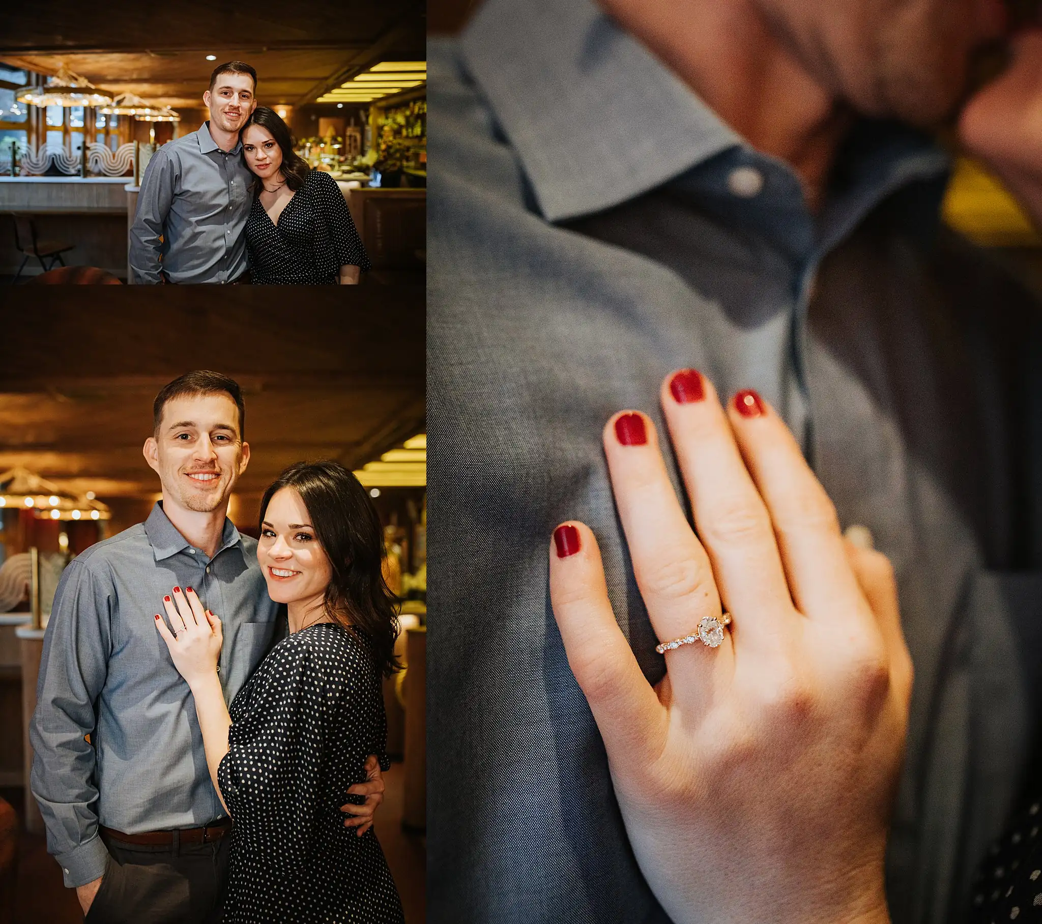 Engagement Portraits: her hand and ring against his shirt, in a set, during their engagement session at Beetle Cat in Atlanta, GA