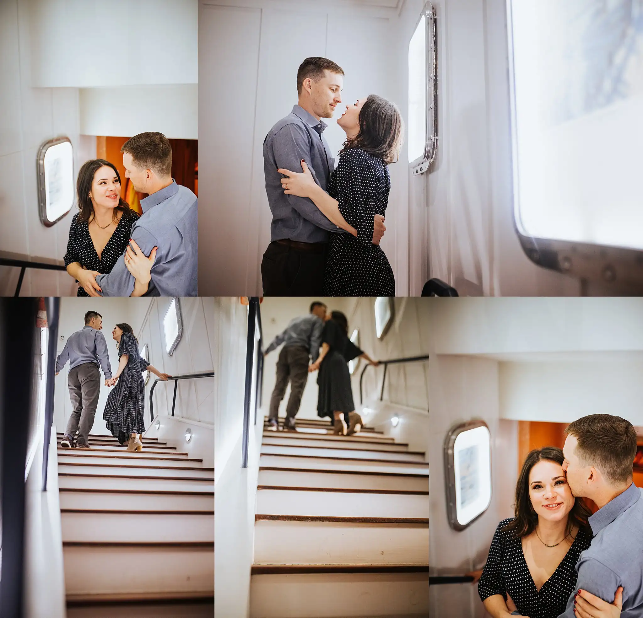 Engagement Portraits: the couple on the stairs and by the window, in a set, during their engagement session at Beetle Cat in Atlanta, GA