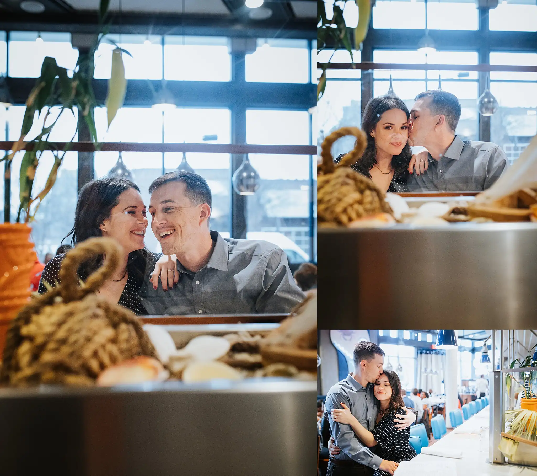 Engagement Portraits: the two of them at the window over the bread, in a set, during their engagement session at Beetle Cat in Atlanta, GA