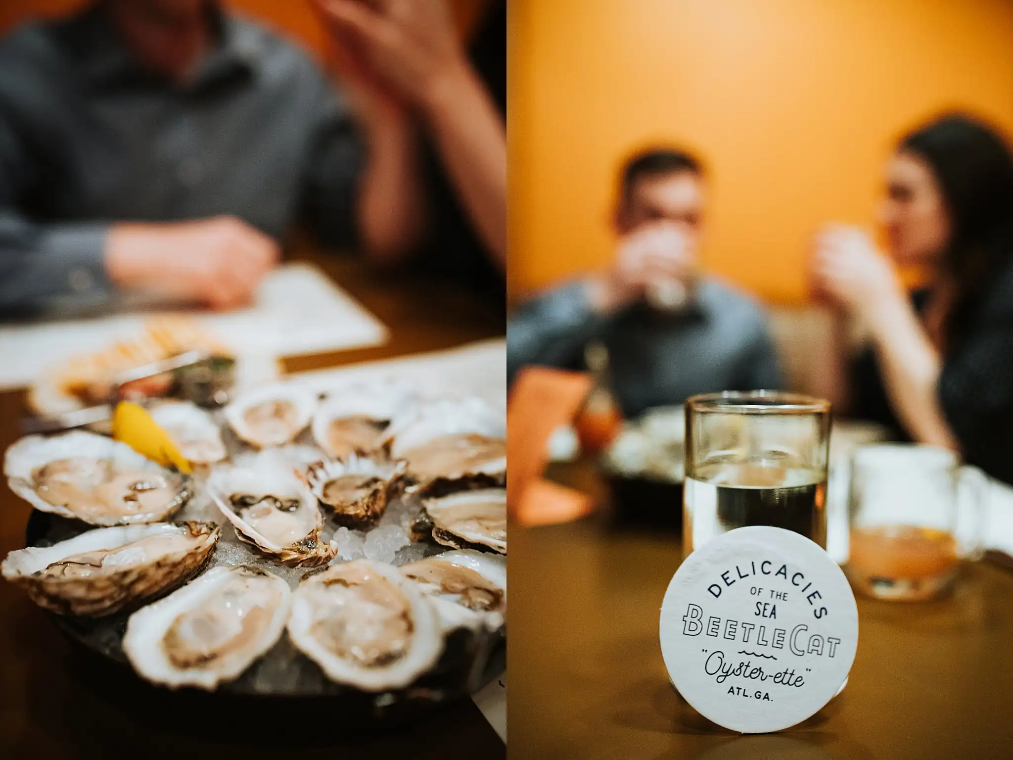 Engagement Portraits: a plate of oysters and a drink on the bar, in a set, during their engagement session at Beetle Cat in Atlanta, GA