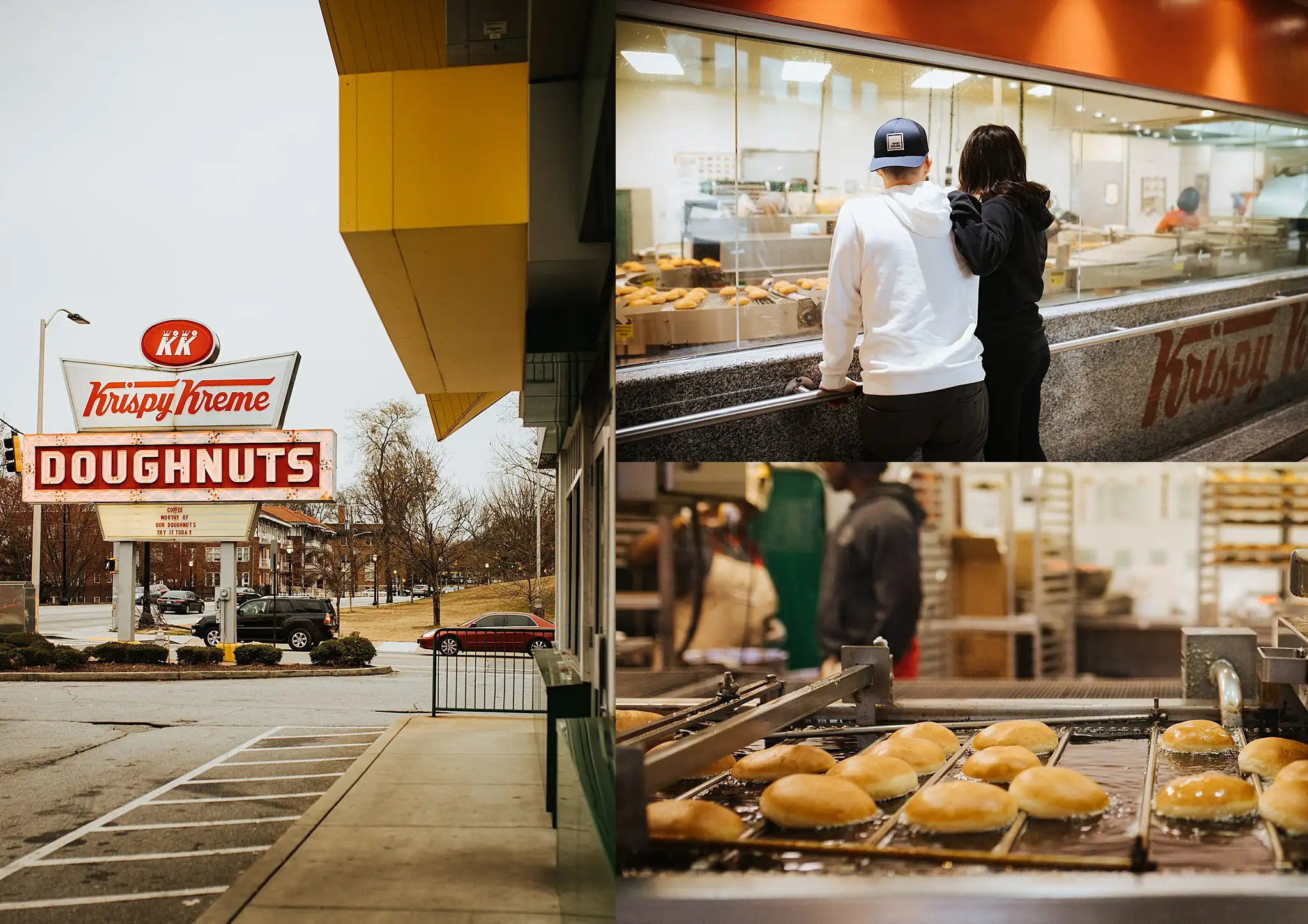 Engagement Portraits: the neon doughnut sign and the glazing line, in a set, during their engagement session at Krispy Kreme in Atlanta, GA