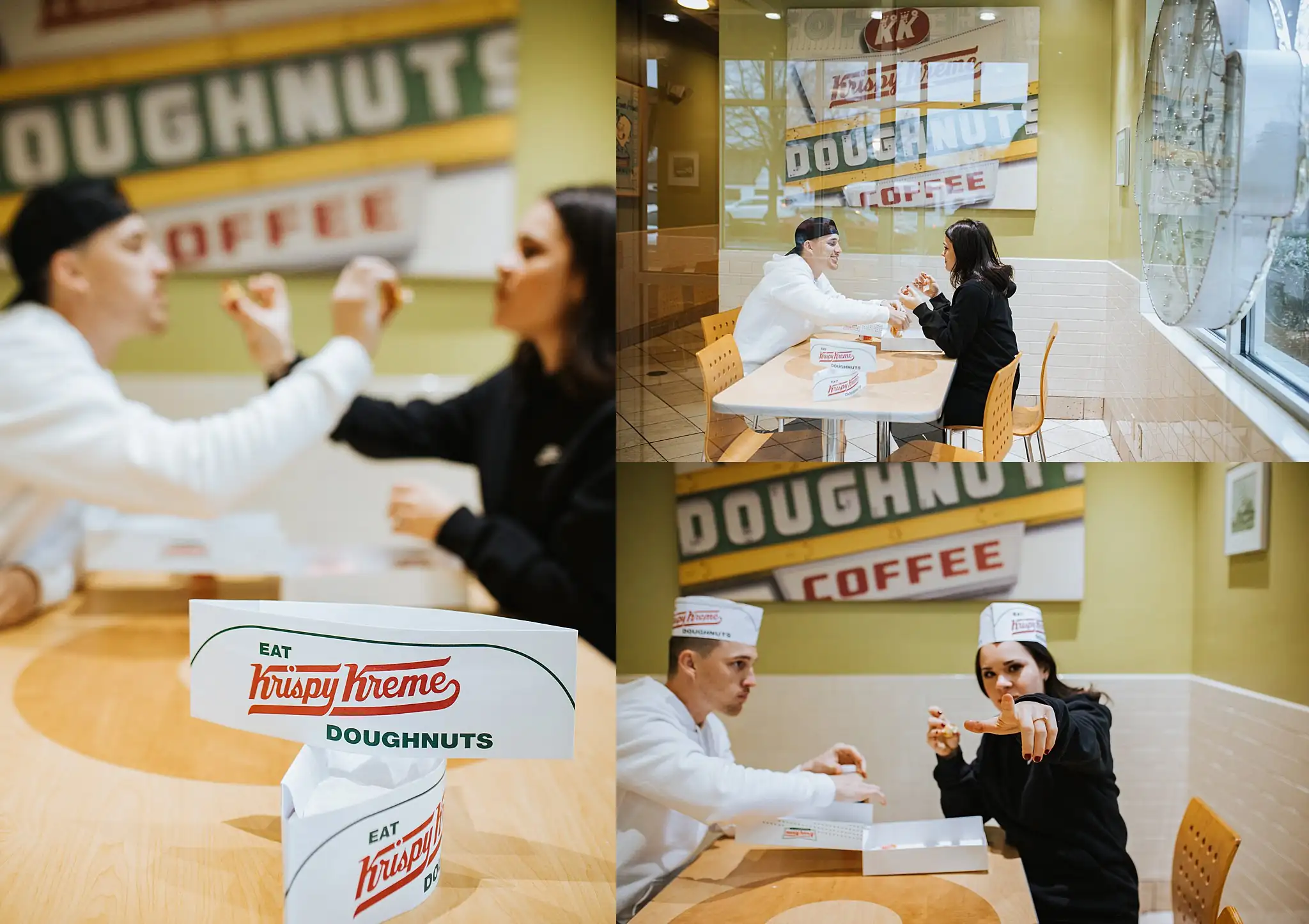 Engagement Portraits: him feeding her a doughnut at the counter, in a set, during their engagement session at Krispy Kreme in Atlanta, GA