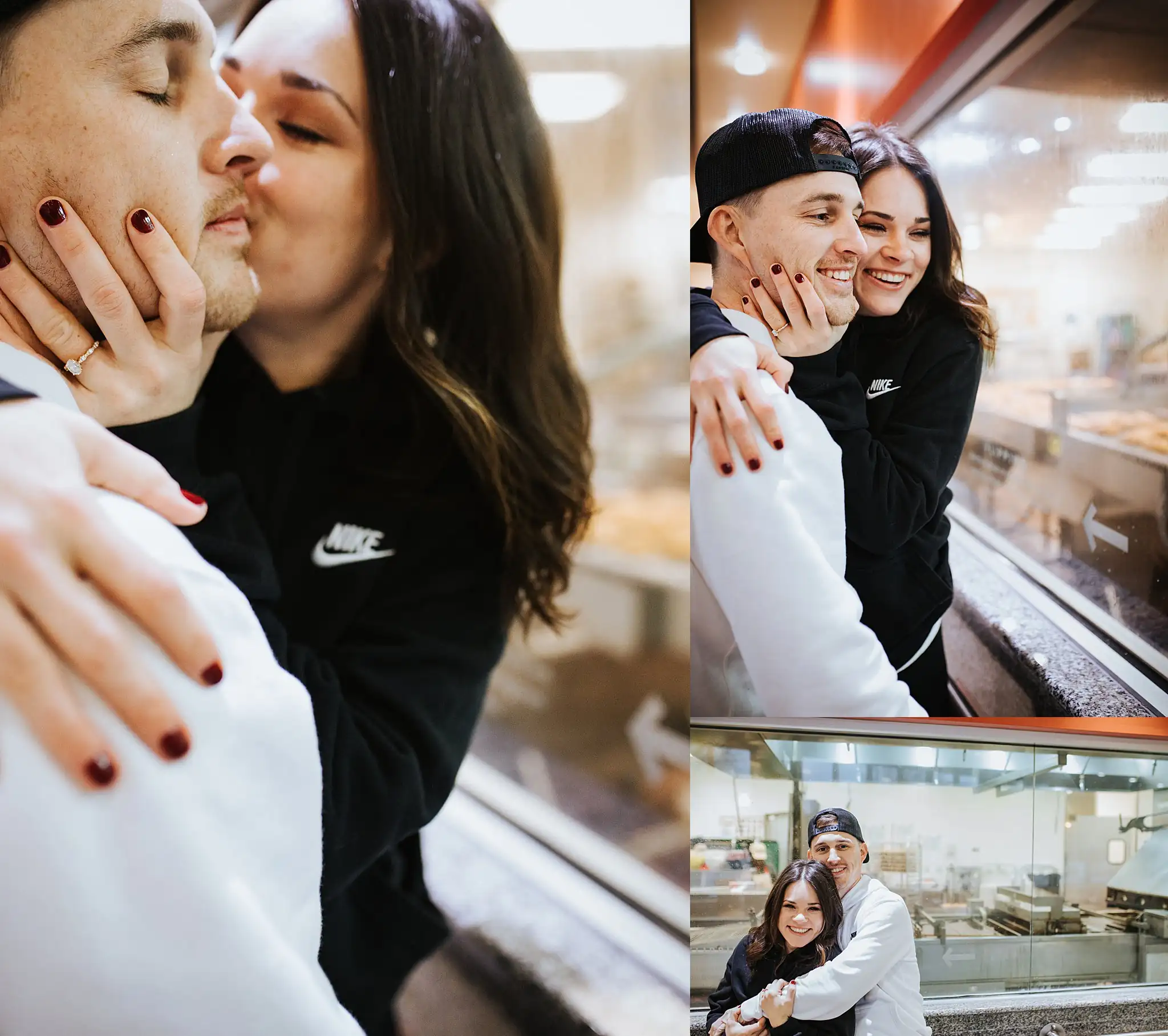 Engagement Portraits: a kiss over the doughnut case, in a set, during their engagement session at Krispy Kreme in Atlanta, GA