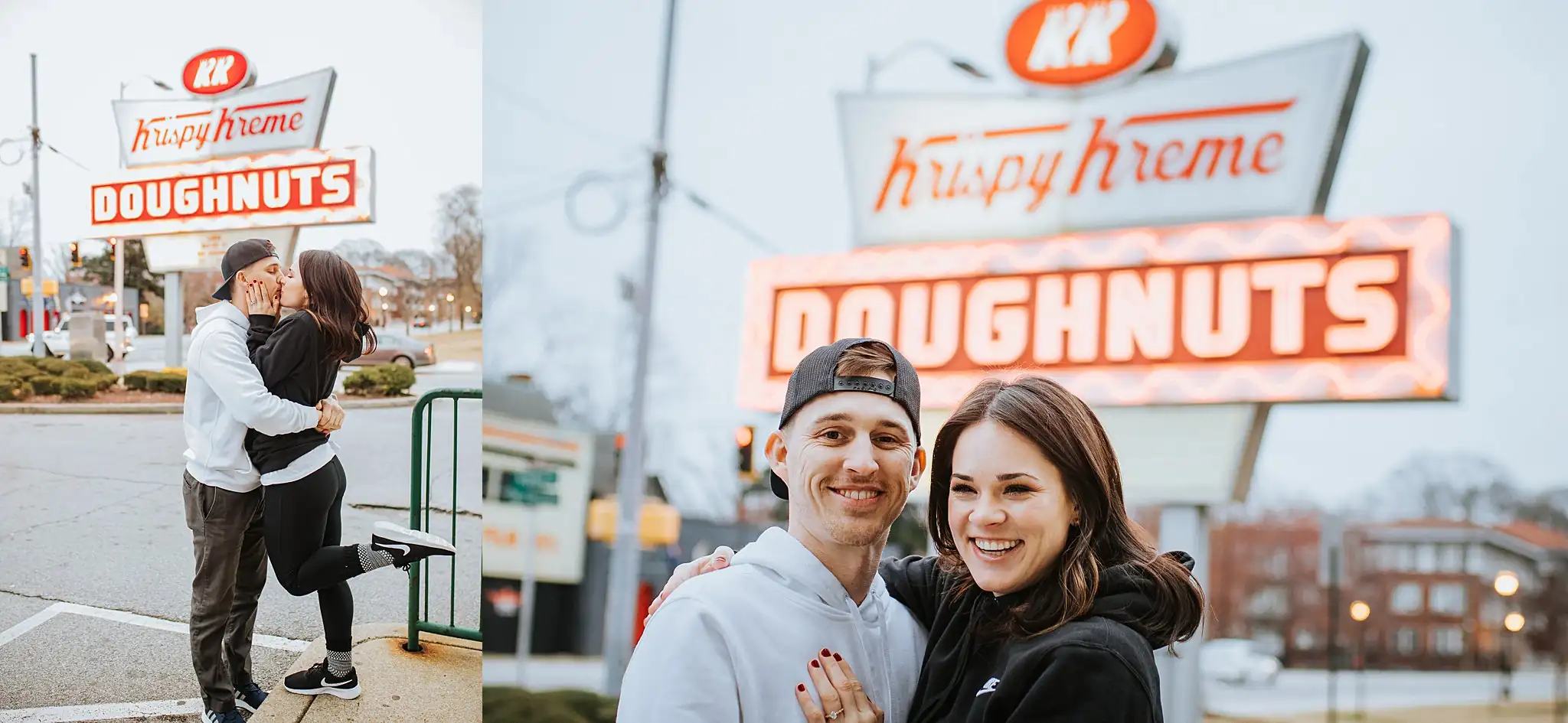 Engagement Portraits: the couple under the lit doughnuts sign, in a set, during their engagement session at Krispy Kreme in Atlanta, GA
