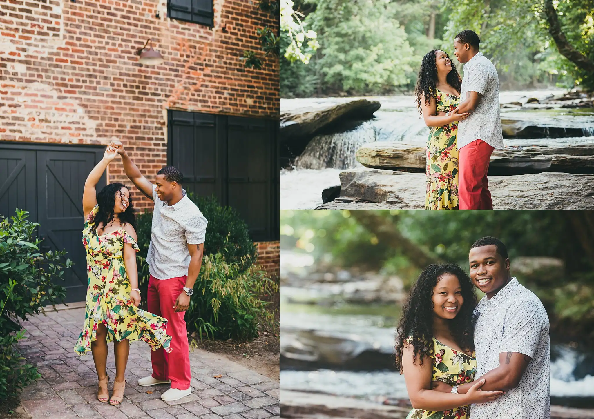 Vickery Falls at Roswell Mill Adventure Engagement Session Atlanta Wedding Photographers Engagement Portraits: the couple by the brick mill and the water, in a set, during their engagement session at the Roswell Mill in Roswell, GA