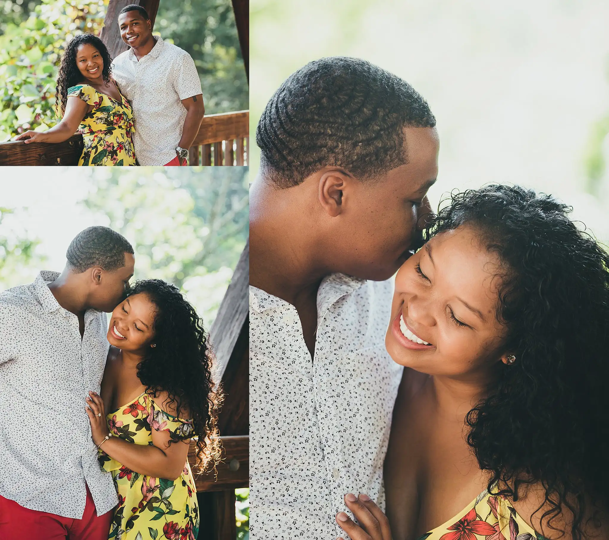 Vickery Falls at Roswell Mill Adventure Engagement Session Atlanta Wedding Photographers Engagement Portraits: the two of them laughing close together, in a set, during their engagement session at the Roswell Mill in Roswell, GA