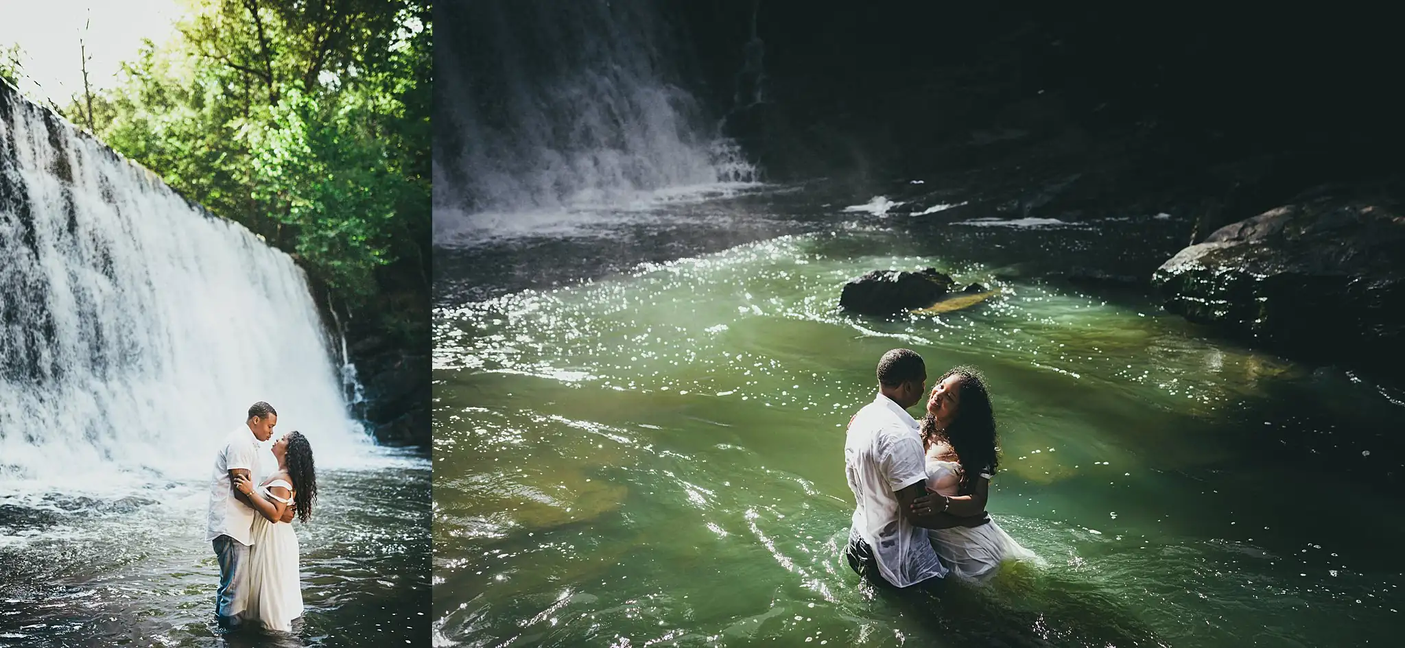 Vickery Falls at Roswell Mill Adventure Engagement Session Atlanta Wedding Photographers Engagement Portraits: the falls behind them as they stand in the pool, in a set, during their engagement session at the Roswell Mill in Roswell, GA