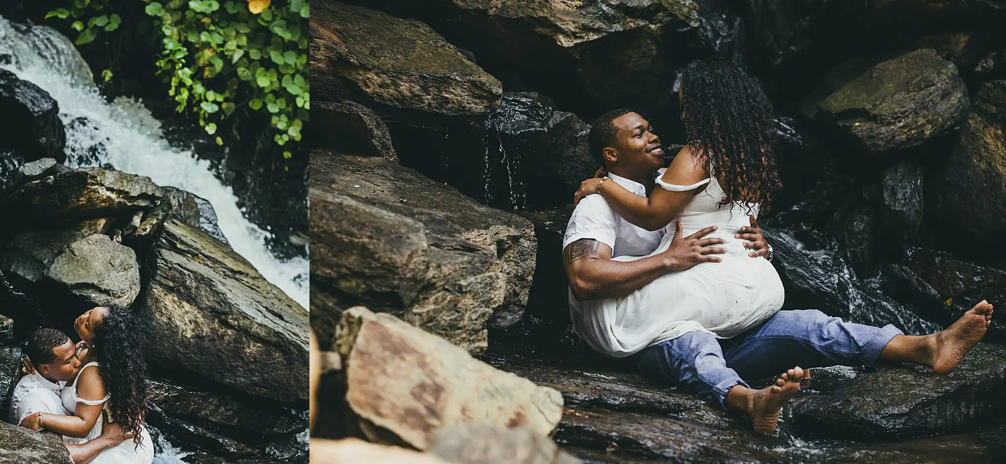 Vickery Falls at Roswell Mill Adventure Engagement Session Atlanta Wedding Photographers Engagement Portraits: the two of them lying back on the wet rocks, in a set, during their engagement session at the Roswell Mill in Roswell, GA