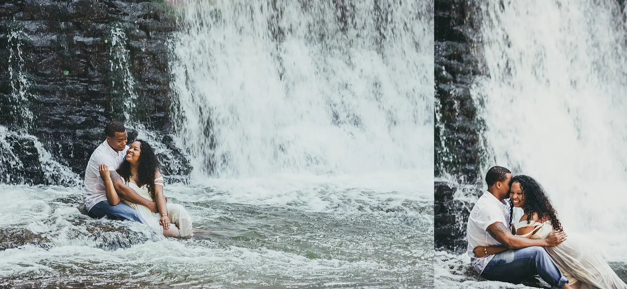 Vickery Falls at Roswell Mill Adventure Engagement Session Atlanta Wedding Photographers Engagement Portraits: the couple on the rocks below the falls, in a set, during their engagement session at the Roswell Mill in Roswell, GA