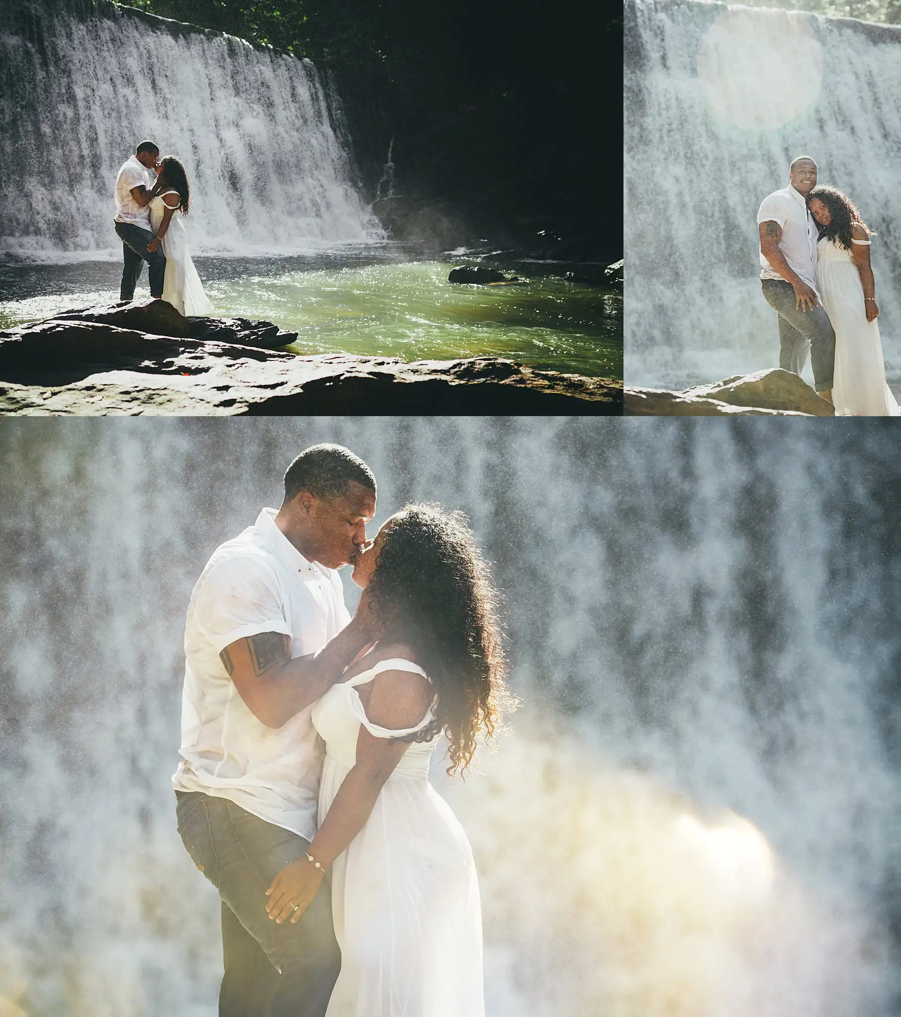 Vickery Falls at Roswell Mill Adventure Engagement Session Atlanta Wedding Photographers Engagement Portraits: the couple standing in the water at the falls, in a set, during their engagement session at the Roswell Mill in Roswell, GA