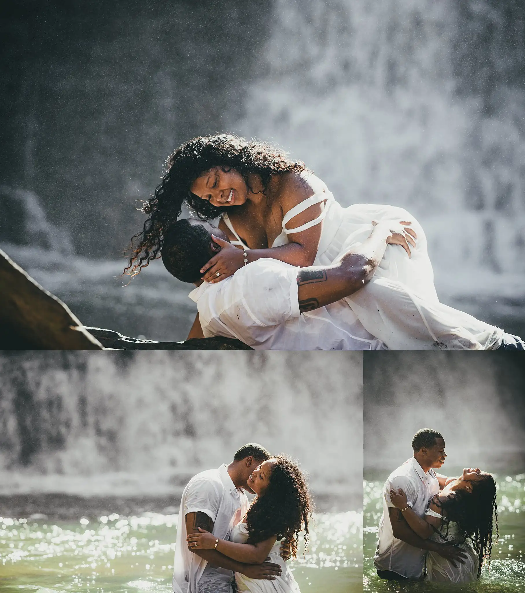 Vickery Falls at Roswell Mill Adventure Engagement Session Atlanta Wedding Photographers Engagement Portraits: him dipping her back in the creek, in a set, during their engagement session at the Roswell Mill in Roswell, GA